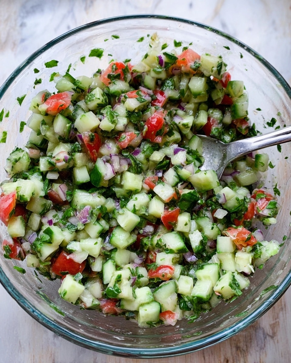A clear glass bowl filled with a finely chopped salad consisting of small cubes of light green cucumber, light red tomato, finely chopped dark green herbs, and tiny bits of purple onion mixed evenly throughout, with a silver spoon resting inside the bowl at the top right side, the bowl placed on a white marbled surface. photo taken with an iphone --ar 4:5 --v 7