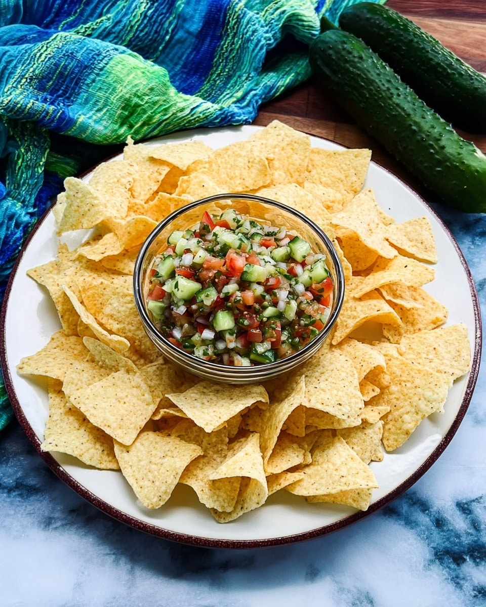 A large white plate filled with pale yellow tortilla chips arranged in a circle around a small clear glass bowl of fresh salsa in the center. The salsa is chunky with bright green cucumber pieces, small red tomato bits, and thin slices of white onion, showing a mix of textures and colors. The plate is set on a white marbled surface with a blue and green striped cloth partly visible in the background and two dark green cucumbers lying to the side. Photo taken with an iphone --ar 4:5 --v 7