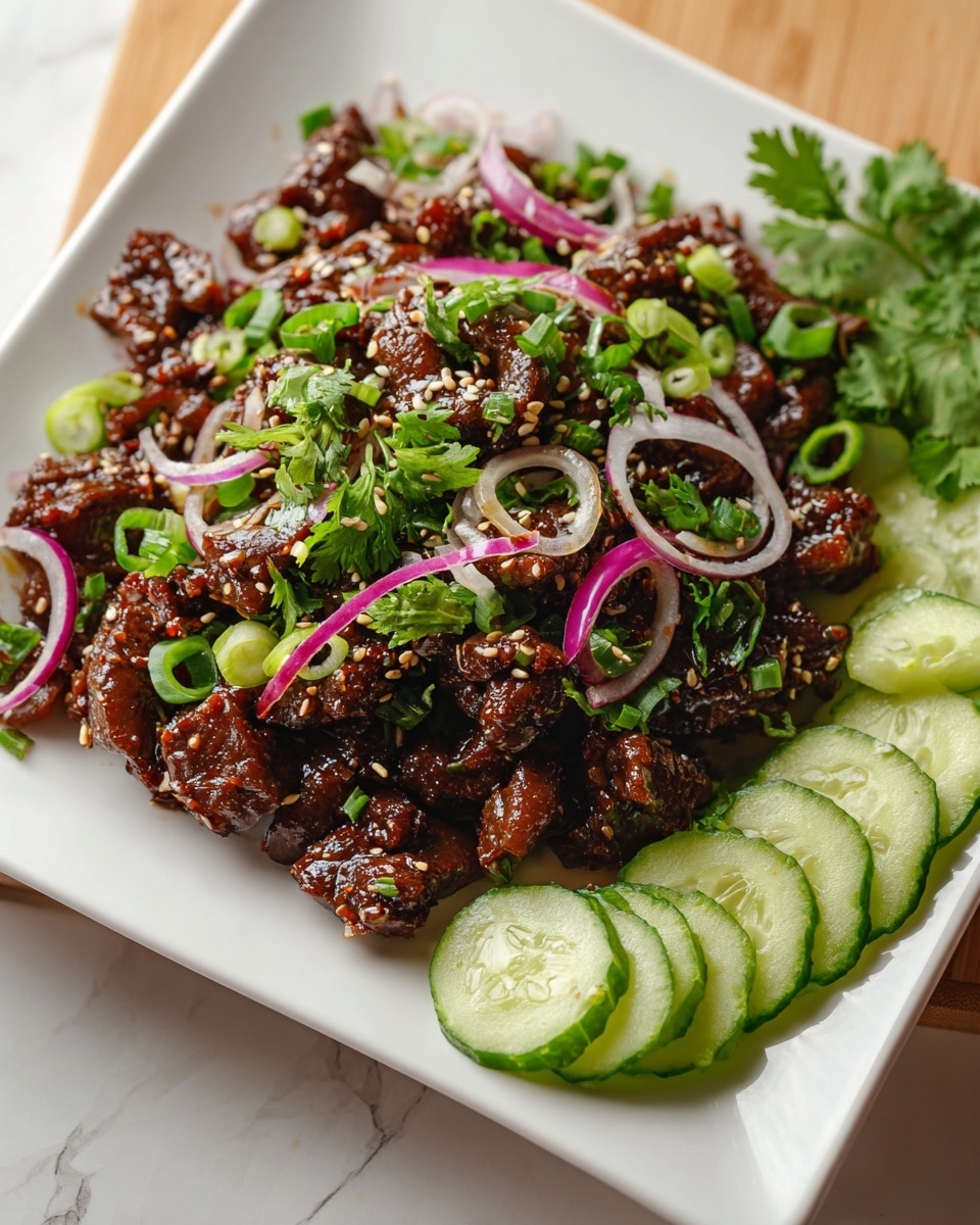 The dish is served on a white square plate placed on a white marbled texture. The main layer consists of small, dark brown cooked beef pieces, glistening with sauce and evenly spread across the plate. Thin, translucent rings of purple onion are scattered on top of the beef, adding a light touch of color and texture. Bright green sliced scallions and fresh cilantro leaves are sprinkled generously over the beef layer, giving a fresh appearance. Around one corner of the plate is a neat pile of thinly sliced, pale green cucumbers showing their moist, seedy centers. Light sesame seeds are sprinkled over the whole dish, adding small white accents. photo taken with an iphone --ar 4:5 --v 7