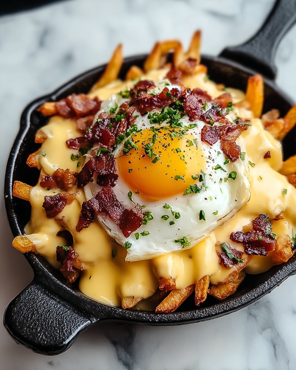 A small black cast iron skillet holds a layered dish starting with a base of golden-brown crispy fries filling the skillet. On top of the fries, there is a thick layer of smooth, creamy yellow melted cheese that spreads evenly and dips around the fries. Scattered over the cheese are small pieces of dark reddish-brown crispy bacon. Sitting at the very top center is a sunny-side-up egg with a bright yellow yolk and white edges, sprinkled with small green herbs and bits of black pepper. The skillet is placed on a white marbled surface. photo taken with an iphone --ar 4:5 --v 7