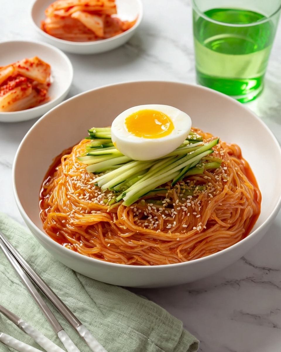 The image shows a white bowl filled with three layers: the bottom layer is a pile of thin noodles coated in a shiny reddish-orange sauce, topped with a layer of thin, bright green cucumber sticks arranged in a small stack, and finished with a halved soft-boiled egg with a bright yellow yolk in the center. White sesame seeds are sprinkled on the noodles. The bowl sits on a white marbled surface beside a pair of metal chopsticks with white and gray handles, a light green cloth napkin, and a small white bowl of reddish kimchi. In the background, there is a green glass filled with a clear liquid. photo taken with an iphone --ar 4:5 --v 7