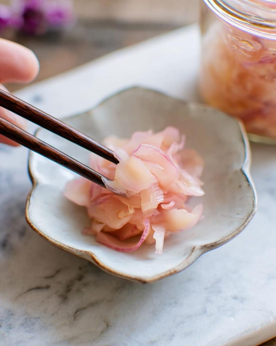A small white ceramic dish shaped like a flower holds a small pile of thin, pale pink and slightly translucent slices of pickled ginger, which have a soft, moist texture and some gentle curls at the edges. A pair of dark brown wooden chopsticks held by a woman's hand picks up some slices from the left side of the dish. The dish rests on a white marbled surface, and there is a blurred glass jar of more ginger in the background on the right side. photo taken with an iphone --ar 4:5 --v 7