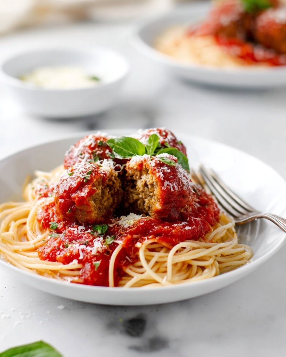 A white plate holds a neat round nest of light brown spaghetti on the bottom layer, topped with several large, round, brownish meatballs covered in bright red tomato sauce on the second layer. One meatball is cut open, revealing a soft, crumbly inside texture. The meatballs and sauce are sprinkled with white grated cheese, and a small green basil sprig sits on top. A silver fork rests on the side of the plate, partly touching the spaghetti. The scene is set on a white marbled surface with a blurred background containing another plate of spaghetti and a small white bowl. Photo taken with an iphone --ar 4:5 --v 7