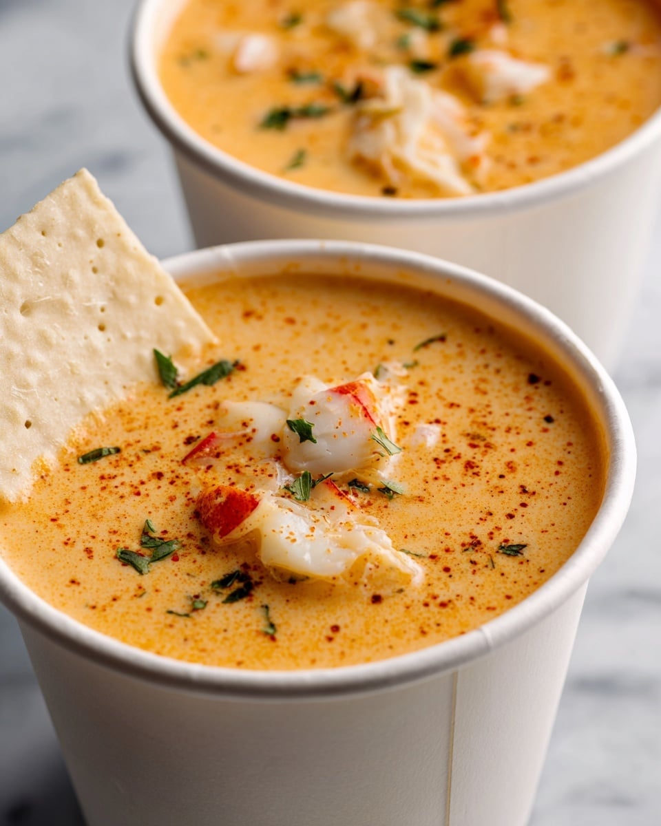 Two white paper cups filled with creamy, light orange soup that has a smooth texture with chunks of white crab meat and green herb small leaves scattered on top. One cup is closer, showing a crispy, light beige square cracker partially dipped into the soup on the left side, and a light dusting of reddish-brown spice sprinkled over the surface. The background is a white marbled texture with the second cup slightly blurred behind the first. Photo taken with an iphone --ar 4:5 --v 7