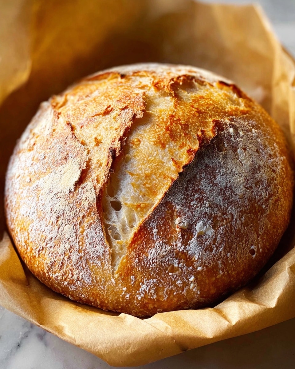 A round loaf of crusty bread with a golden-brown and slightly cracked top layer, showing light tan and white flour dusted patches. The crust is thick and textured with deep creases and darker toasted edges, revealing a soft, airy inside with visible holes. The bread sits inside light brown parchment paper, creating a warm contrast against a white marbled background. photo taken with an iphone --ar 4:5 --v 7