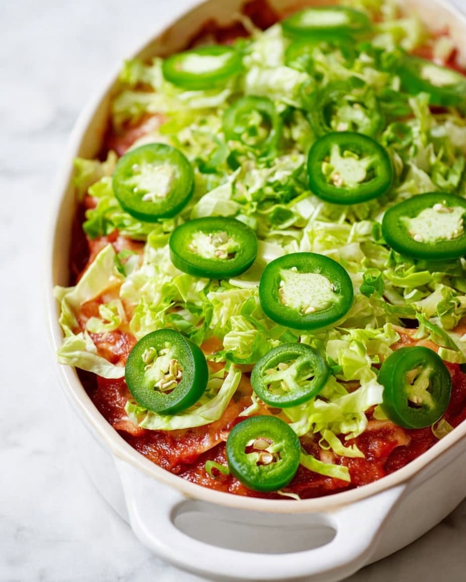 A close-up of a layered dish in an oval white ceramic baking dish with handles, placed on a white marbled surface. The bottom layer is a reddish tomato sauce, slightly thick with chunky texture. On top of this sauce, there is a layer of finely shredded light green lettuce, adding a fresh and leafy look. Scattered evenly across the top are thick, round slices of bright green jalapeño peppers, showing a glossy surface and seeds inside. The layers show a colorful contrast with the tomato red, lettuce green, and jalapeño green, making the dish look fresh and vibrant. Photo taken with an iphone --ar 4:5 --v 7