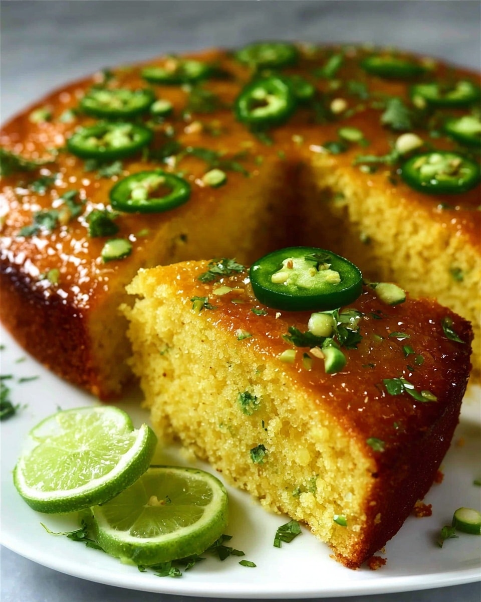A thick, golden cornbread with a soft, crumbly texture is shown with one large slice cut out. The top is shiny with a glaze and is decorated with bright green jalapeño slices and small pieces of fresh cilantro scattered across. The cornbread sits on a white plate on a white marbled surface, with thin lime wedge slices placed in front of the slice. The colors are vibrant, highlighting the warm yellow inside and the fresh green toppings, giving a fresh and spicy look. photo taken with an iphone --ar 4:5 --v 7