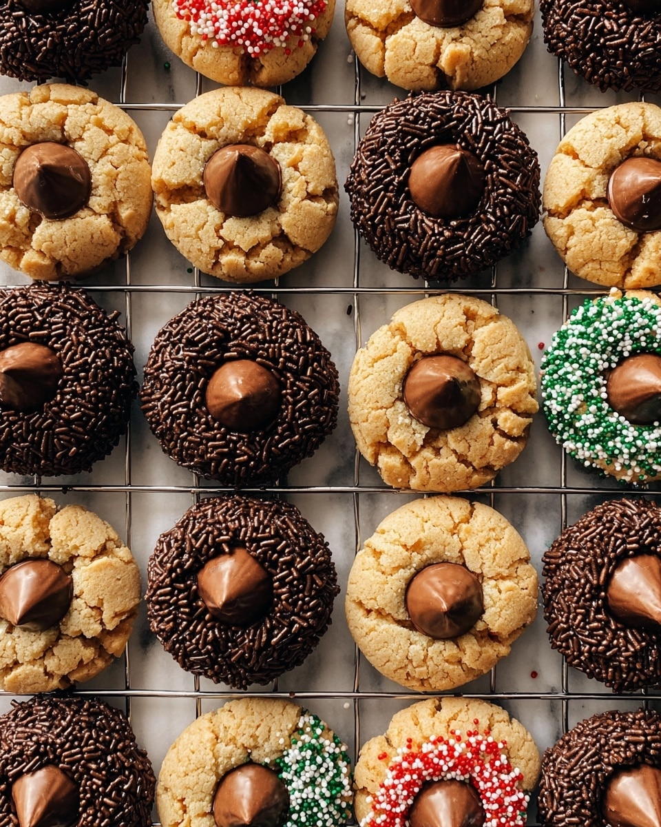 The image shows a grid of round cookies on a cooling rack over a white marbled surface. Each cookie has three layers: the base cookie layer, which comes in different textures—cracked tan, granulated golden brown, and smooth black covered with chocolate sprinkles; the middle layer is smooth and slightly raised, consisting of a milk chocolate Hershey's Kiss in the center of each cookie; surrounding the chocolate center on some cookies is a ring of tiny red, green, and white round sprinkles or just plain sugar crystals. The cookies are arranged close together, showcasing the contrast between the colorful sprinkles, textured bases, and glossy chocolate tops. photo taken with an iphone --ar 4:5 --v 7