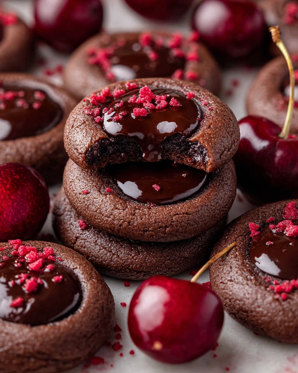 A close-up image of several round, dark brown chocolate cookies with soft, glossy chocolate centers that look rich and melted. The cookies are set on a white marbled surface and topped with small crumbles of bright red bits. One cookie is stacked on two others with a small bite taken out, showing the gooey chocolate inside. Around the cookies, there are shiny, deep red cherries with stems, adding a fresh bright touch to the dessert display. photo taken with an iphone --ar 4:5 --v 7