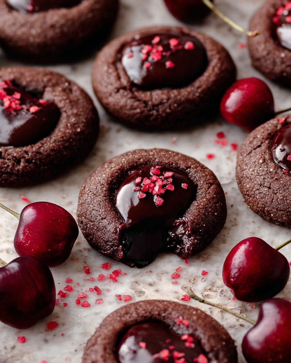 The image shows several dark chocolate cookies with a soft, glossy chocolate center, placed on a white marbled surface. Each cookie has a smooth, shiny dark chocolate filling in the middle, contrasting with the slightly rough, matte texture of the cookie edges. Some cookies are topped with small bits of red sprinkles, adding a pop of color. Nearby, a few deep red cherries with smooth skins and stems rest on the surface. One cookie in the center is broken open, revealing a gooey chocolate inside. Photo taken with an iphone --ar 4:5 --v 7