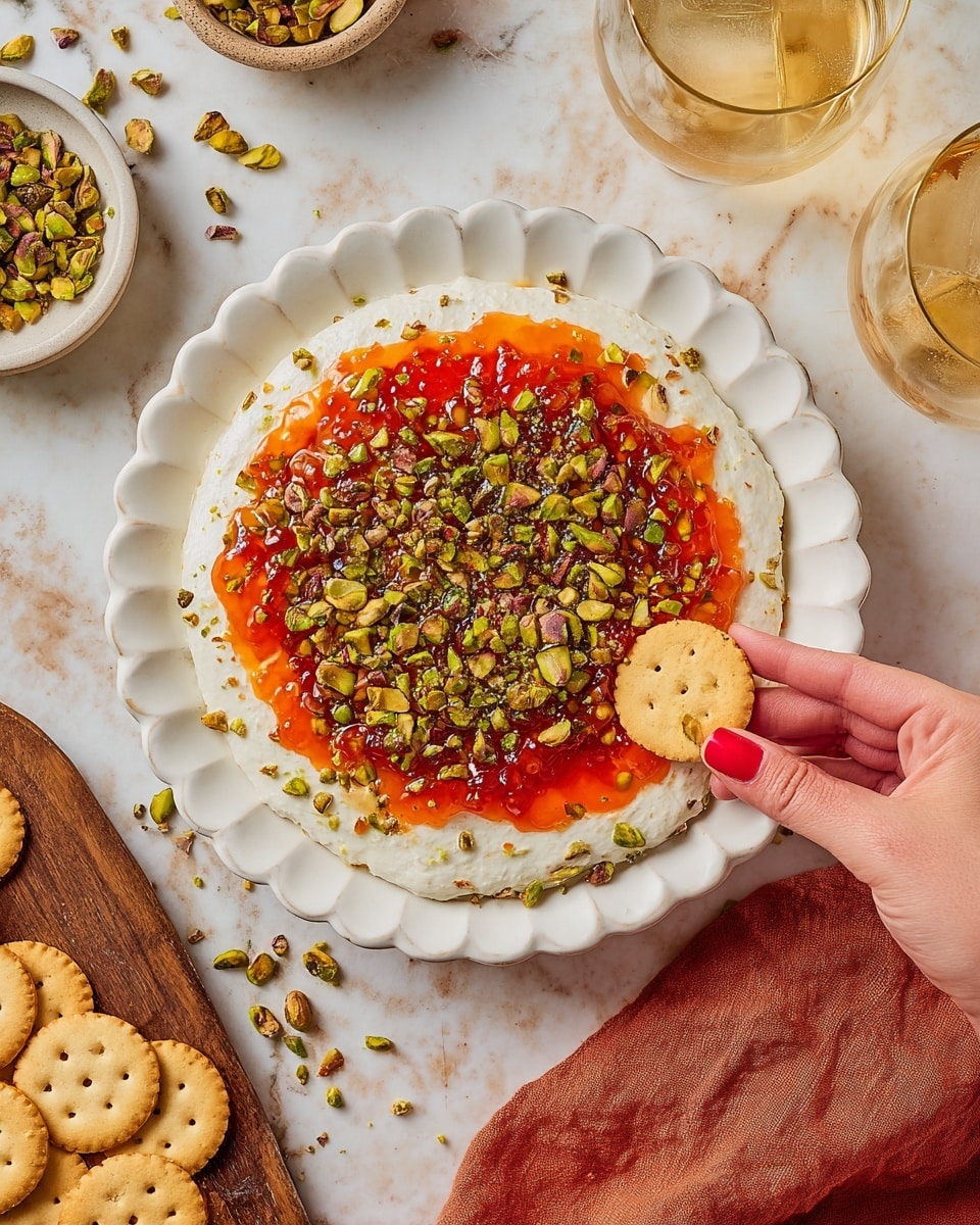 A white scalloped plate holds a layered cheese dip with three visible layers: a thick, creamy white cheese base forming the bottom layer, followed by a bright orange layer of sweet pepper jelly spread evenly on top, and finally sprinkled generously with chopped green and brown pistachios covering the surface. A woman's hand with red-painted nails is dipping a round golden cracker into the dip on the right side. Around the plate are scattered crushed pistachio pieces and some whole crackers on a wooden board at the bottom left. Small bowls with more pistachios and pepper jelly, as well as a glass of light-colored beverage, sit on a white marbled surface, with a rust-colored cloth partially visible in the bottom right corner. photo taken with an iphone --ar 4:5 --v 7