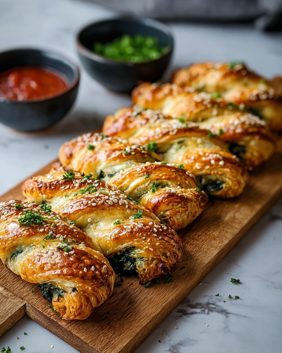 Five golden brown puff pastries are lined up diagonally on a wooden board. Each pastry has a braided top layer with a shiny, flaky crust showing crisp layers of dough twisted with spinach filling peeking through the gaps. The pastries are sprinkled with white sesame seeds and finely chopped green herbs. In the background, there are two small black bowls, one filled with red sauce and the other with chopped green herbs, all placed on a white marbled surface. photo taken with an iphone --ar 4:5 --v 7