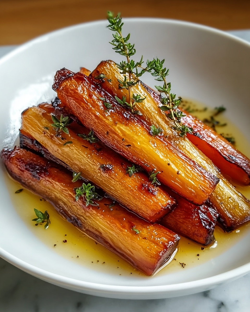 A white shallow bowl filled with six golden-brown caramelized pieces of roasted vegetable, each about two inches long, stacked in a small pile. The vegetables have a shiny, slightly sticky glaze with crisp, darker-browned edges and a soft, tender interior visible at the ends. On top lie two small sprigs of fresh green thyme with tiny leaves. The bowl sits on a smooth white marbled surface, with some light sauce pooling gently around the pieces, reflecting warm light. photo taken with an iphone --ar 4:5 --v 7