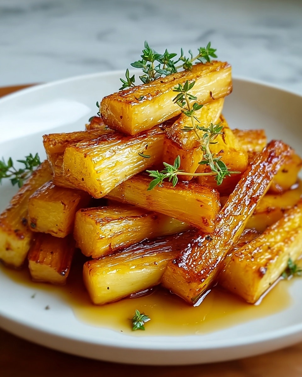 The image shows a plate of roasted parsnip sticks stacked in a loose pile. Each piece is a golden yellow color with crispy, caramelized brown edges and a shiny glaze of oil and herbs. A few green sprigs of fresh thyme rest on top, adding contrast. The parsnip sticks are thick, cut into short lengths, and arranged on a white plate with some sauce pooling at the bottom. The background is a white marbled texture with soft, natural lighting. Photo taken with an iphone --ar 4:5 --v 7