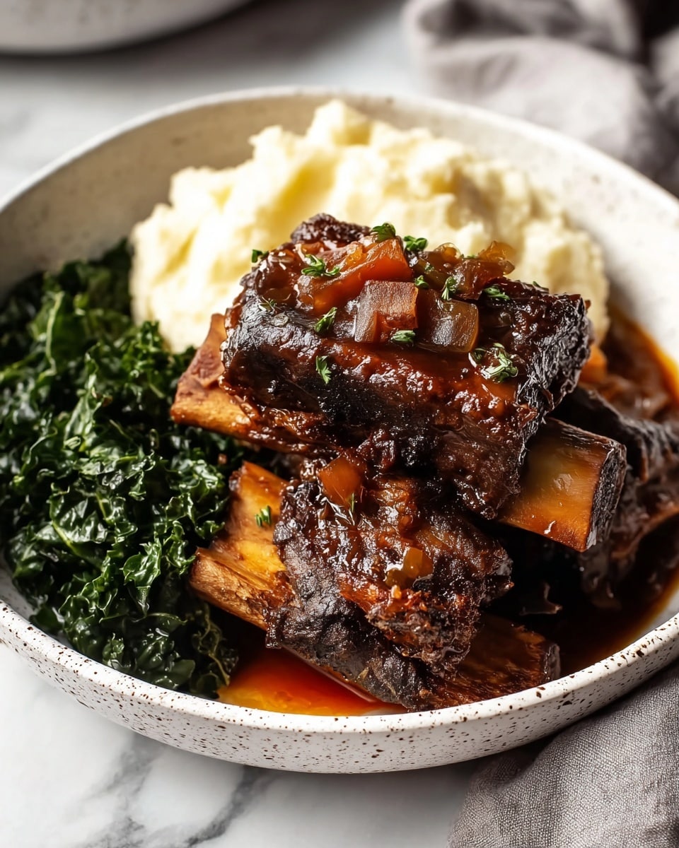 A white speckled bowl holds a comforting meal with three main parts: at the front and center, a stack of dark brown ribs glisten with a rich, glossy sauce that has small pieces of onions and carrots, the ribs showing a textured, tender meat surface with visible bone ends; to the left side of the ribs, there is a pile of shiny, dark green cooked kale that looks soft and slightly wet; at the back of the bowl, a scoop of creamy, off-white mashed potatoes adds a smooth contrast to the colors and textures, all placed on a white marbled surface with a soft gray cloth nearby. photo taken with an iphone --ar 4:5 --v 7
