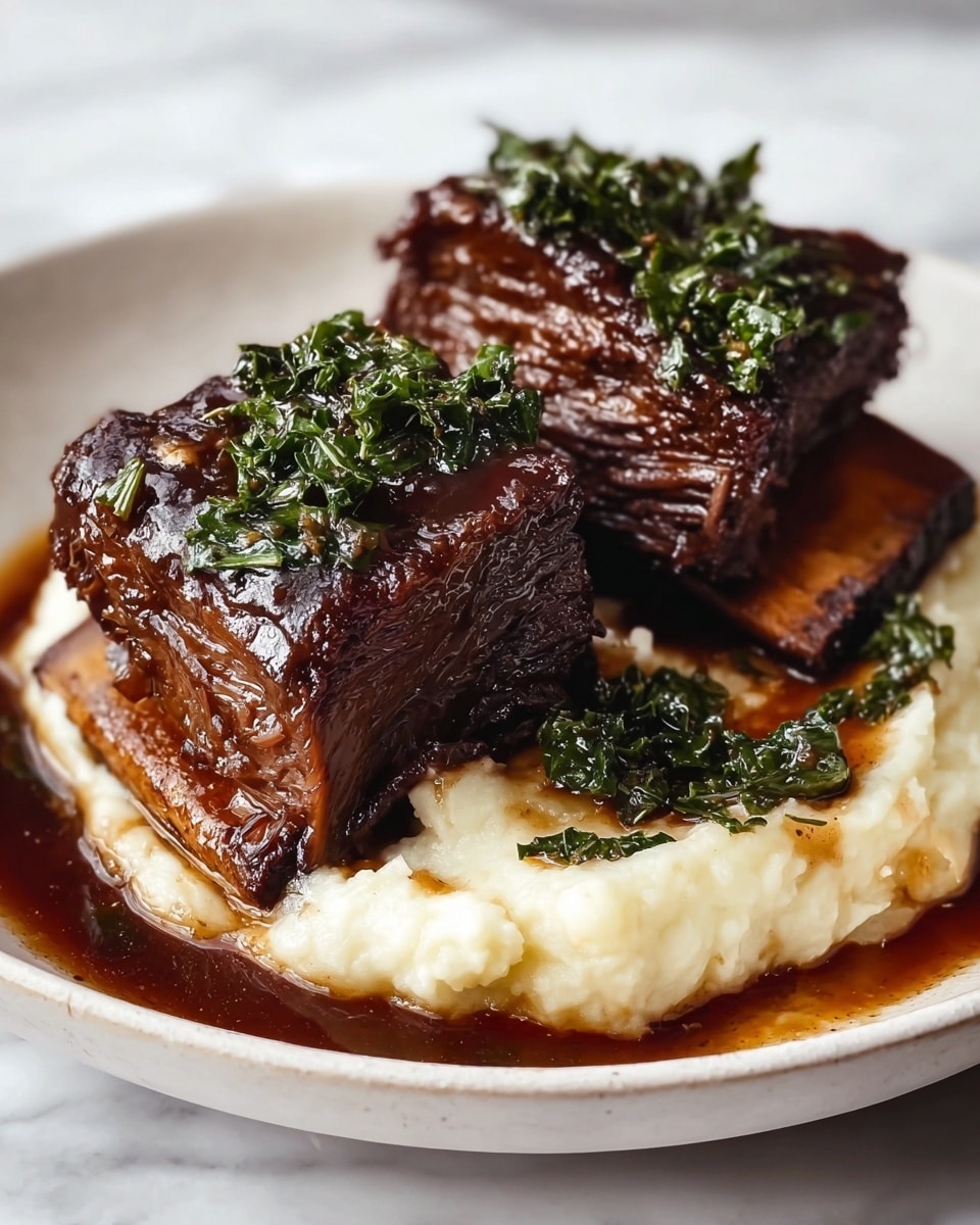 Two pieces of dark brown, glazed short ribs with a shiny, slightly sticky texture lay on top of a creamy white mashed potato layer. The ribs have visible juicy meat fibers and are topped with small pieces of cooked green leafy herbs. The mashed potatoes are creamy and smooth with a few small lumps, spreading across the bottom of a white plate. A rich, dark brown sauce pools around the base of the mashed potatoes and ribs, adding a glossy finish. The plate sits on a white marbled surface. photo taken with an iphone --ar 4:5 --v 7