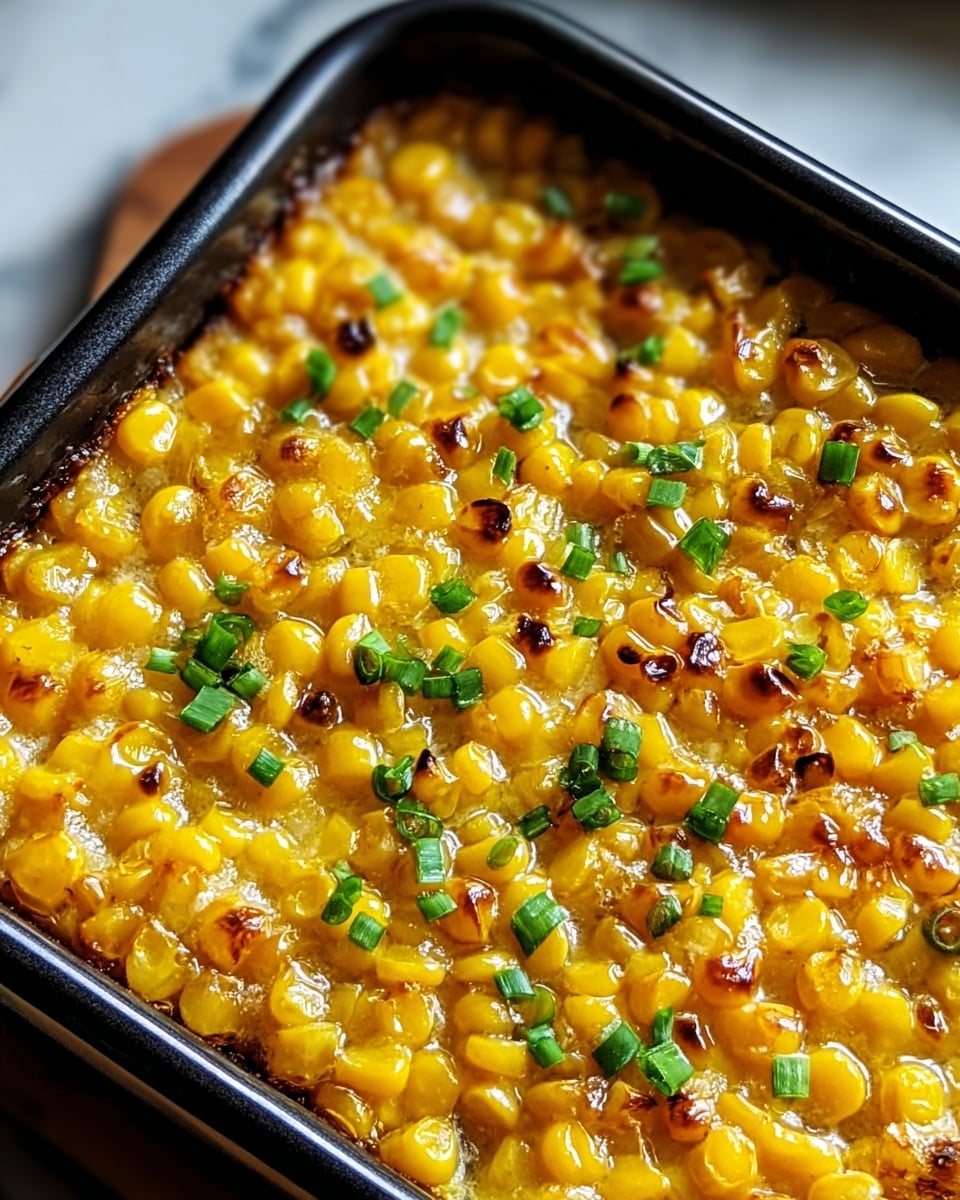 A close-up view of a square baking dish filled with a glossy, golden-yellow layer of cooked corn kernels, some with a slight char, giving a textured, caramelized look. Small pieces of bright green chopped herbs are sprinkled evenly on top, adding a fresh color contrast. The dish has black edges that frame the vibrant corn, all set against a white marbled texture that adds a clean, soft background. photo taken with an iphone --ar 4:5 --v 7
