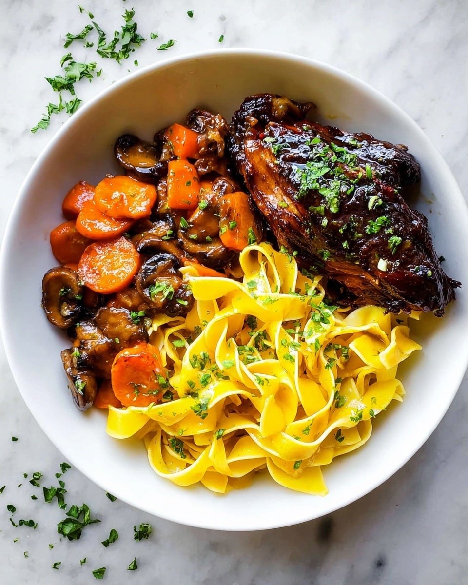 A white bowl filled with a layered meal on a white marbled surface. The first layer inside the bowl consists of bright yellow wide pasta ribbons, curled and twisted, with small green herb pieces scattered on top. Next to the pasta are sautéed dark brown mushroom slices mixed with soft, shiny carrot pieces that have a rich orange color and a slight glaze. The main feature is a large, glossy piece of dark caramelized meat, garnished with finely chopped green herbs, positioned on the right side of the bowl. Some fresh chopped herbs are sprinkled on the white marbled surface around the bowl. Photo taken with an iphone --ar 4:5 --v 7