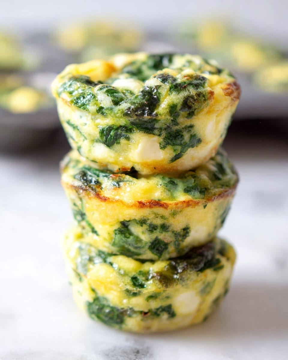 A stack of three small egg muffins is shown on a white marbled surface, each muffin thick and round with a mix of yellow egg and bright green spinach leaves clearly visible throughout. The layers blend together with some cheese melted on top, giving a slightly glossy look. The muffins appear soft and moist with a lightly browned bottom edge. In the blurred background, a muffin tin is partially visible. Photo taken with an iphone --ar 4:5 --v 7