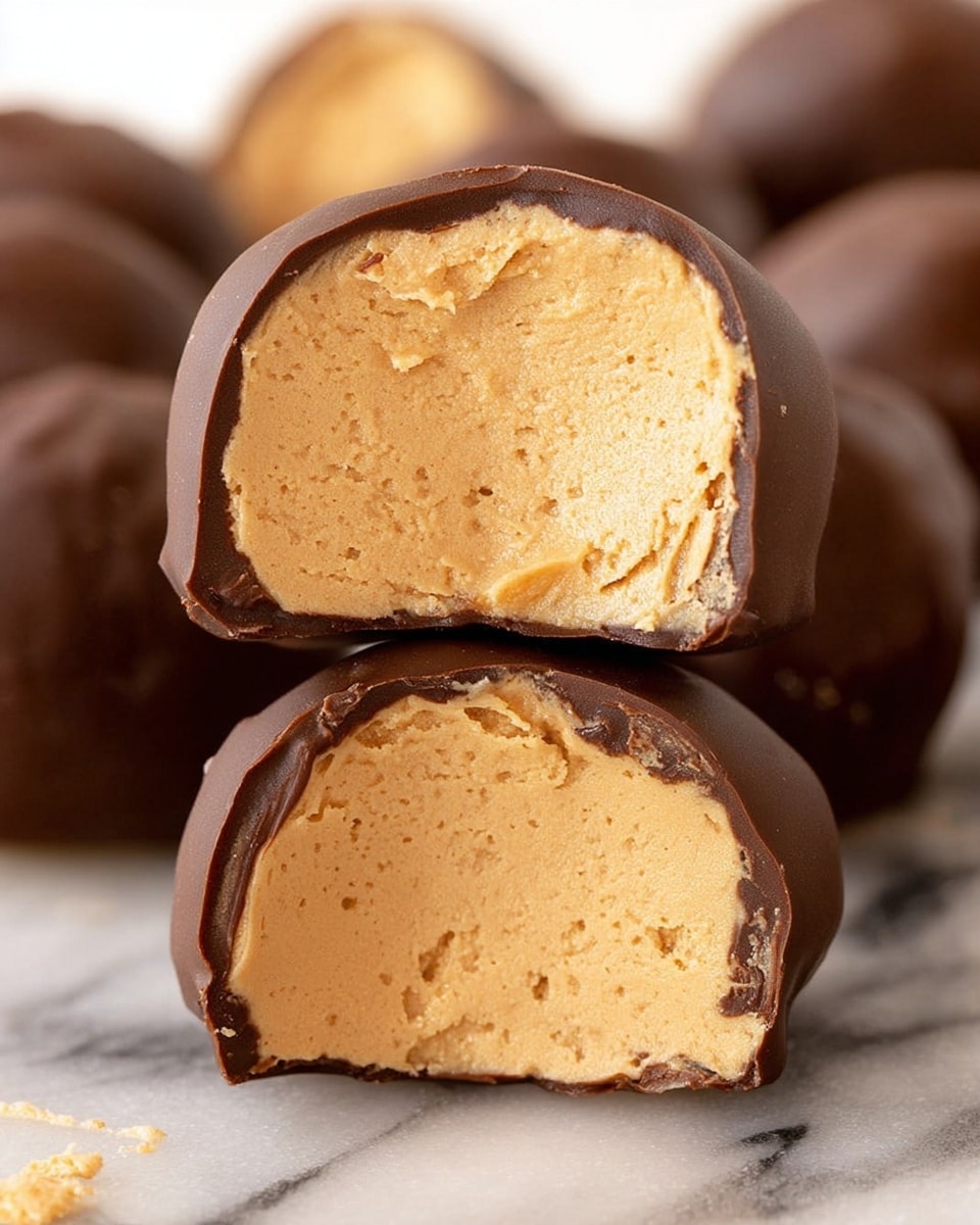 The image shows close-up views of half-cut peanut butter balls stacked with one piece on top of the other. Each piece has two layers: the outer layer is a thin, smooth dark brown chocolate coating that covers a thick, creamy, light brown peanut butter filling inside. The peanut butter inside looks soft and slightly crumbly with a dense texture. More whole peanut butter balls in the same shape and color appear blurred in the background on a white marbled surface. photo taken with an iphone --ar 4:5 --v 7