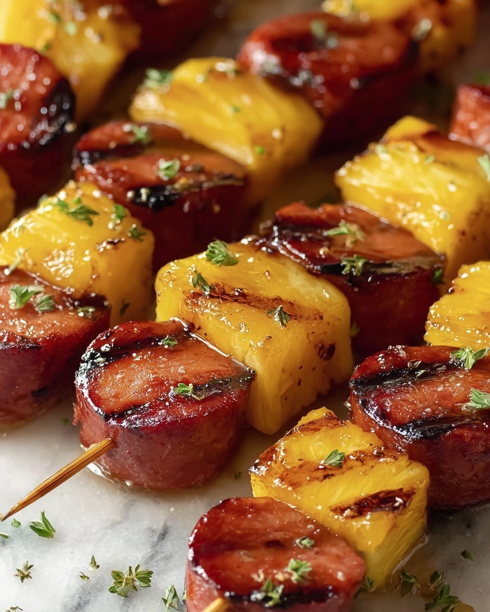 The image shows several skewers, each with two layers: the bottom layer is a thick slice of grilled reddish-brown sausage with slight char marks and a glossy surface, while the top layer is a bright yellow chunk of grilled pineapple with a shiny glaze, small grill marks, and a juicy texture. The skewers are placed closely together on a white marbled surface with small green herb pieces scattered around. The lighting highlights the glossy, slightly sticky finish on both the sausage and pineapple, making them look juicy and appetizing. photo taken with an iphone --ar 4:5 --v 7