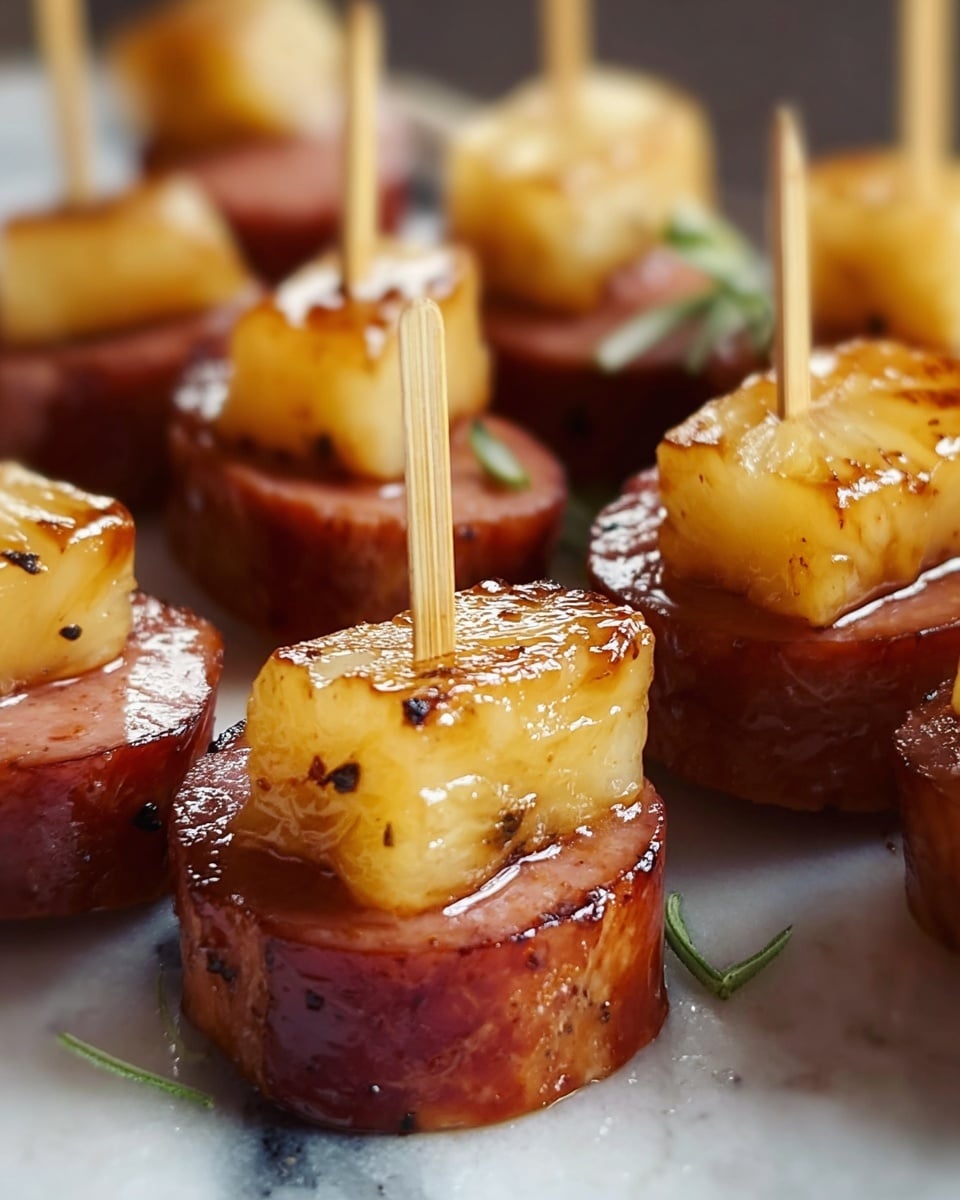 The image shows several small appetizers, each with two layers pierced by a wooden toothpick. The bottom layer is a thick slice of cooked sausage, with a shiny and slightly oily reddish-brown surface and small black specks, indicating seasoning. On top of each sausage slice sits a caramelized, golden-brown chunk of pineapple, with a glossy texture and a few darker grill marks. The appetizers are arranged closely together on a white marbled surface, with soft lighting highlighting the shiny glaze on the pineapple and sausage. photo taken with an iphone --ar 4:5 --v 7