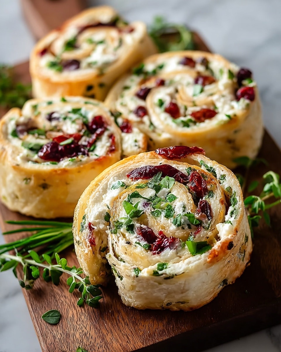 Four thick pinwheel rolls sit on a wooden board, each made of a soft, golden-baked dough rolled tightly with visible layers of creamy white cheese, green chopped herbs, and vibrant red cranberries scattered throughout. The outer dough has a light browning, showing a slightly crispy texture, while the inside layers look soft and moist. Fresh green herb sprigs rest around the pinwheels as garnish. The background shows a white marbled texture. Photo taken with an iphone --ar 4:5 --v 7