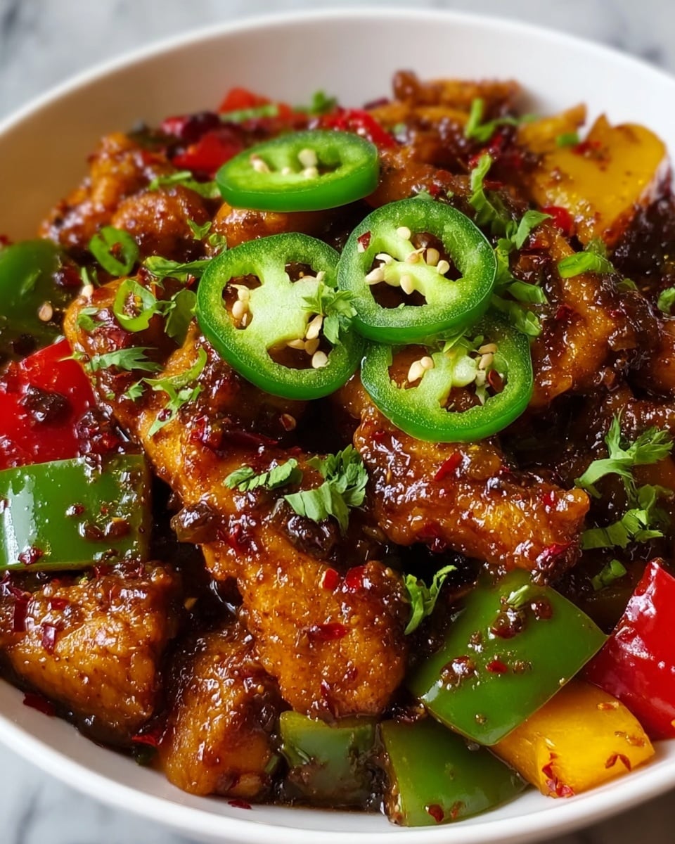 A close-up of a white bowl filled with spicy stir-fried chicken pieces that are golden-brown and coated in a dark, glossy sauce with red chili flakes. Mixed in are chunky pieces of green and yellow bell peppers and some red peppers, all with a slight shine from the sauce. On top, thinly sliced bright green jalapeño rings and chopped fresh green herbs are scattered evenly. The bowl sits on a white marbled surface. photo taken with an iphone --ar 4:5 --v 7