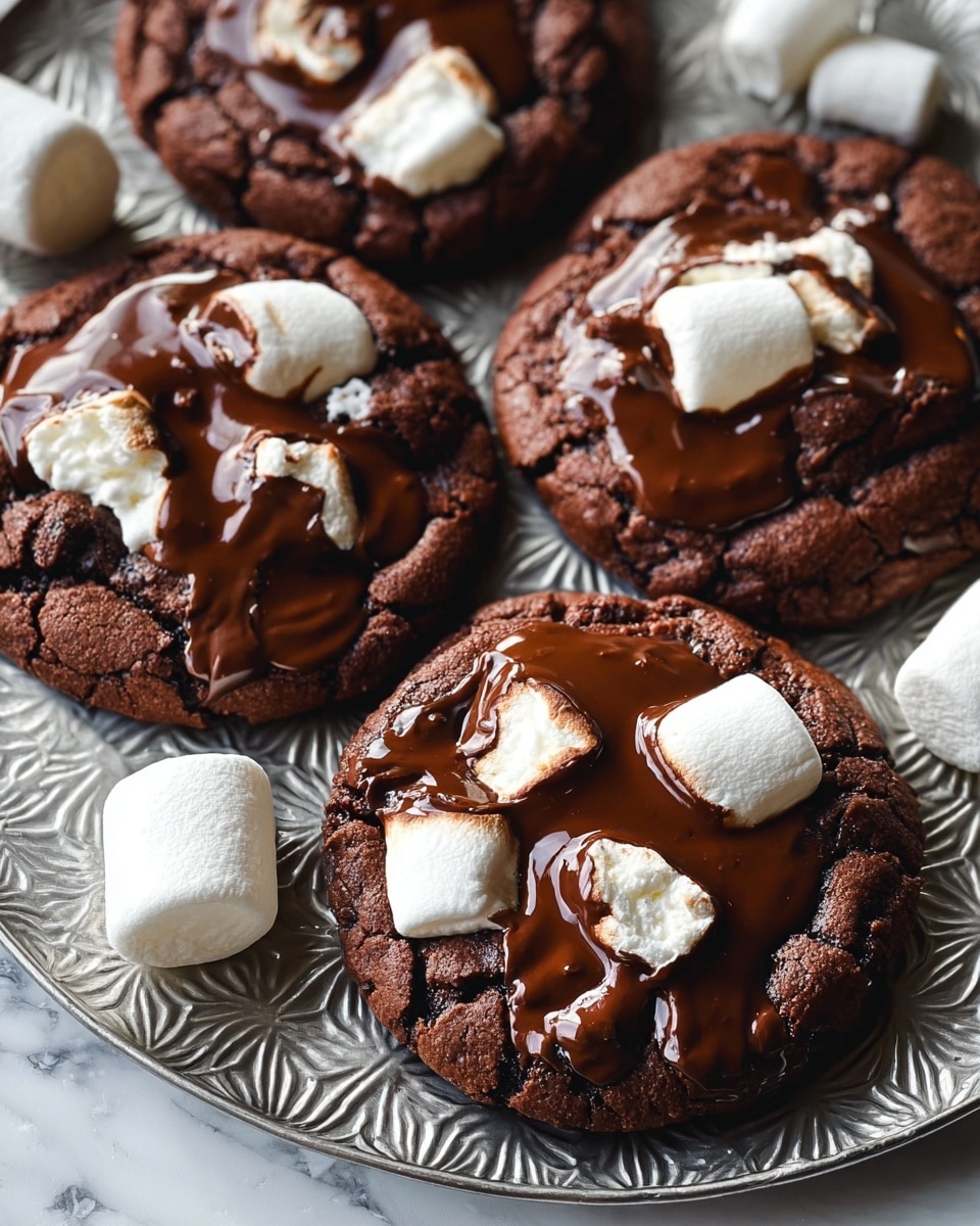 Four round chocolate cookies sit close together on a patterned silver tray with a white marbled texture underneath. Each cookie is dark brown and cracked slightly on top, with large, white marshmallows embedded on the surface. Melted, glossy chocolate is generously spread over and around the marshmallows, creating thick, shiny patches that mix with the soft, pillowy texture of the marshmallows. Two whole white marshmallows lay beside the cookies on the tray. The scene is lit to show rich textures and deep contrasts. photo taken with an iphone --ar 4:5 --v 7