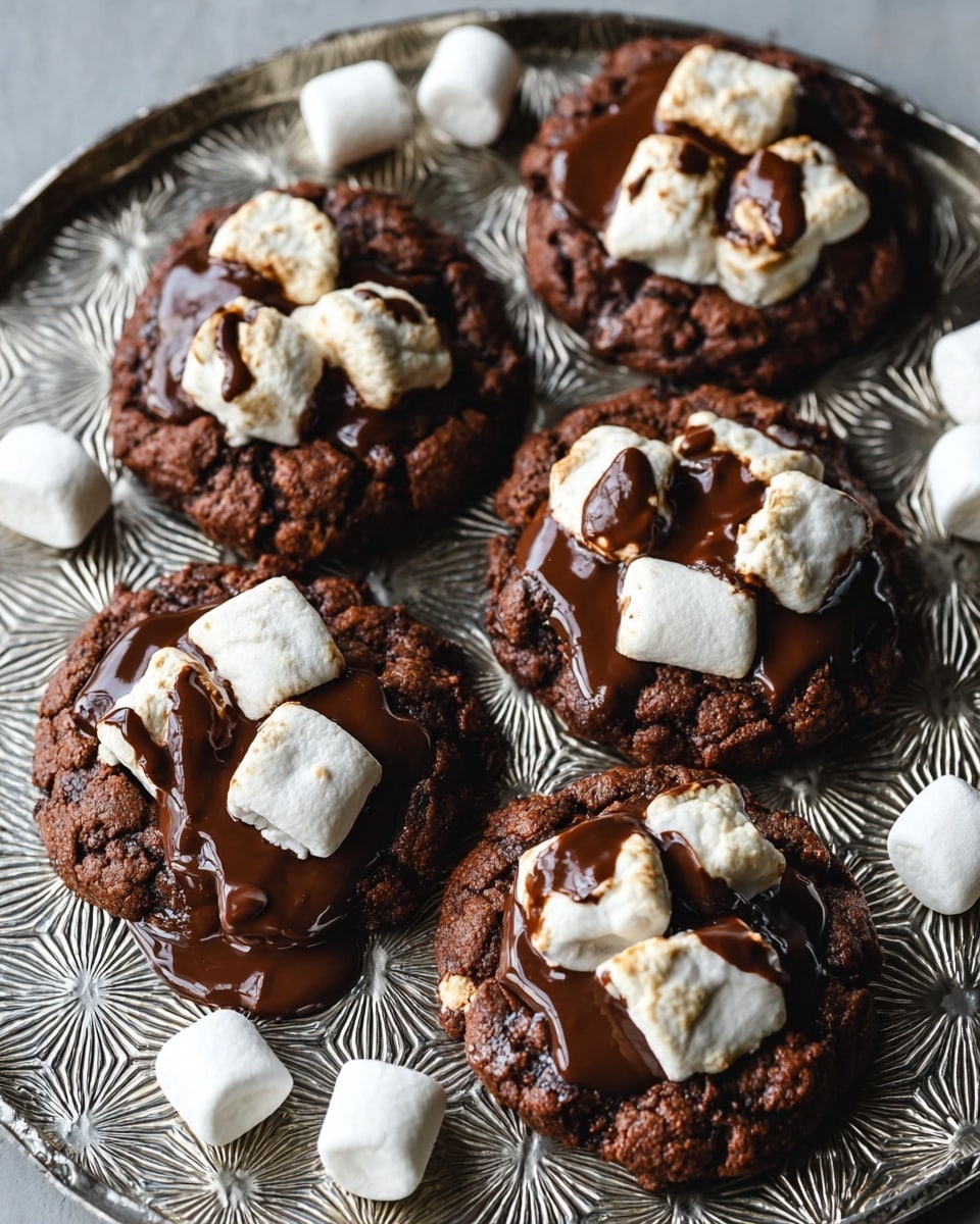 The image shows five dark brown cookies with a rough texture, each topped with large white marshmallow pieces that appear soft and slightly melted. On top of the marshmallows and cookies, there are thick, glossy pools of melted dark chocolate that create an uneven shiny layer. The cookies are arranged closely together on a patterned silver tray, and there are several whole marshmallows scattered around the tray's edges. The overall look is rich, gooey, and inviting. Photo taken with an iphone --ar 4:5 --v 7