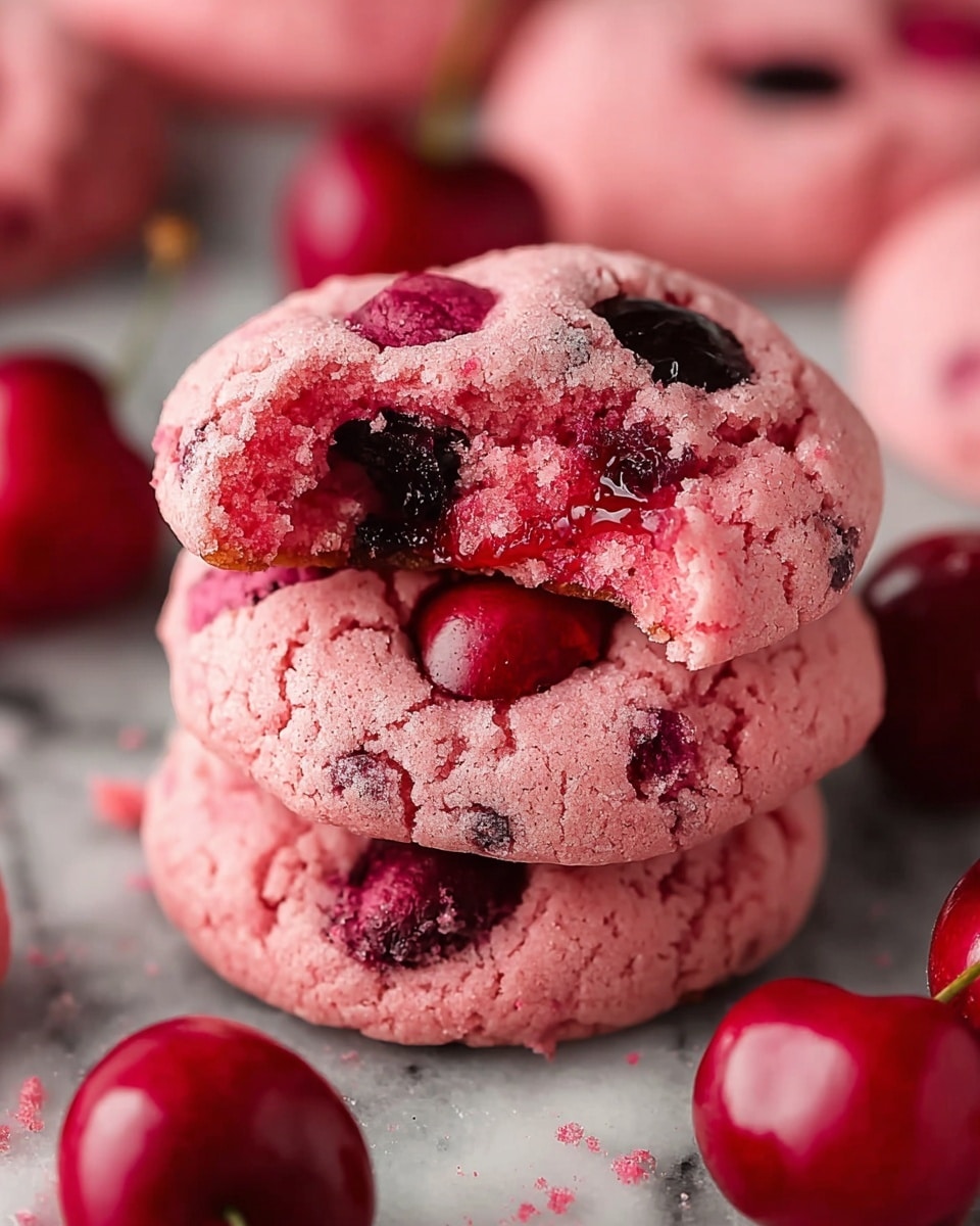 Two pink cookies stacked on top of each other are shown with dark red cherry pieces inside and on top. The top cookie has a bite taken out of it, revealing a soft, crumbly pink inside with gooey cherry filling visible. The cookies have a cracked surface texture and are surrounded by whole shiny red cherries on a white marbled surface. The colors are mainly pink and dark red with soft, crumbly, and juicy textures. Photo taken with an iphone --ar 4:5 --v 7