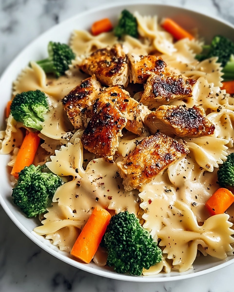 A white plate holds a creamy pasta dish with three clear layers: the bottom layer is light beige bowtie pasta coated with a smooth, glossy cream sauce; the middle layer has bright orange carrot slices and vibrant green broccoli florets scattered around; the top layer features several pieces of golden-brown grilled chicken with charred spots, giving a crispy texture. Small black pepper specks are sprinkled over the entire dish. The plate rests on a white marbled surface. Photo taken with an iphone --ar 4:5 --v 7