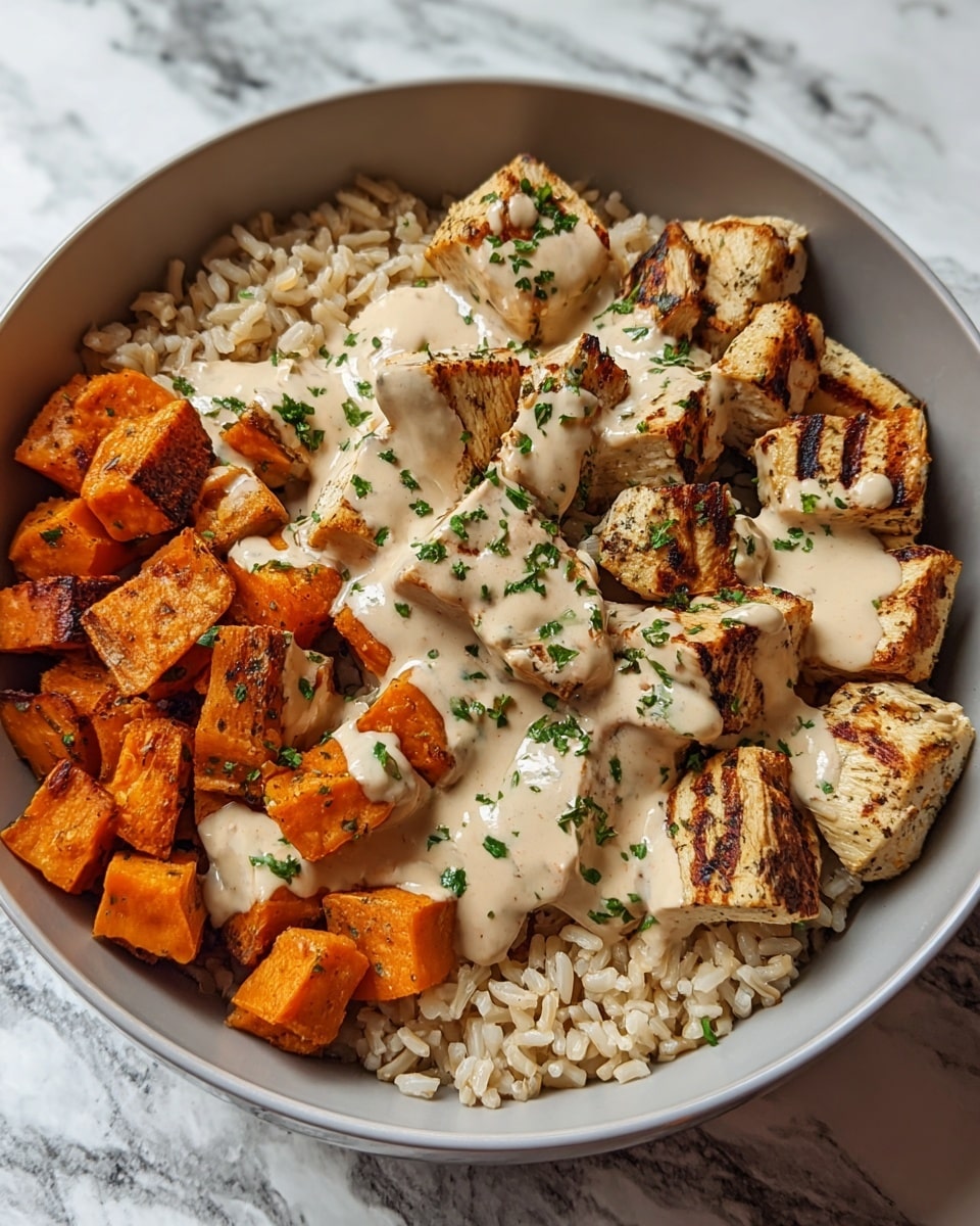 A white bowl filled with three layers: the bottom layer is light brown cooked rice with a soft texture, the middle layer has grilled chicken pieces colored golden with grill marks, and orange roasted sweet potato cubes on one side. The top layer is a light beige creamy sauce drizzled unevenly over the chicken and sweet potatoes, sprinkled with small green herb bits for garnish. The bowl is placed on a white marbled surface. photo taken with an iphone --ar 4:5 --v 7