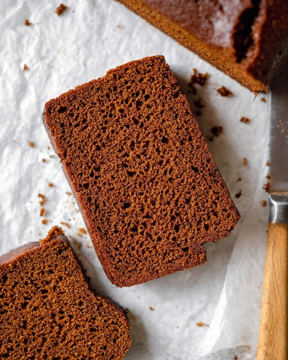 A close-up view of two thick slices of brown gingerbread cake lying on white parchment paper over a white marbled surface, the slice in front showing a dense, moist texture with tiny air holes and a slightly cracked top edge, while crumbs are scattered around; part of a wooden-handled knife is visible on the right side. photo taken with an iphone --ar 4:5 --v 7