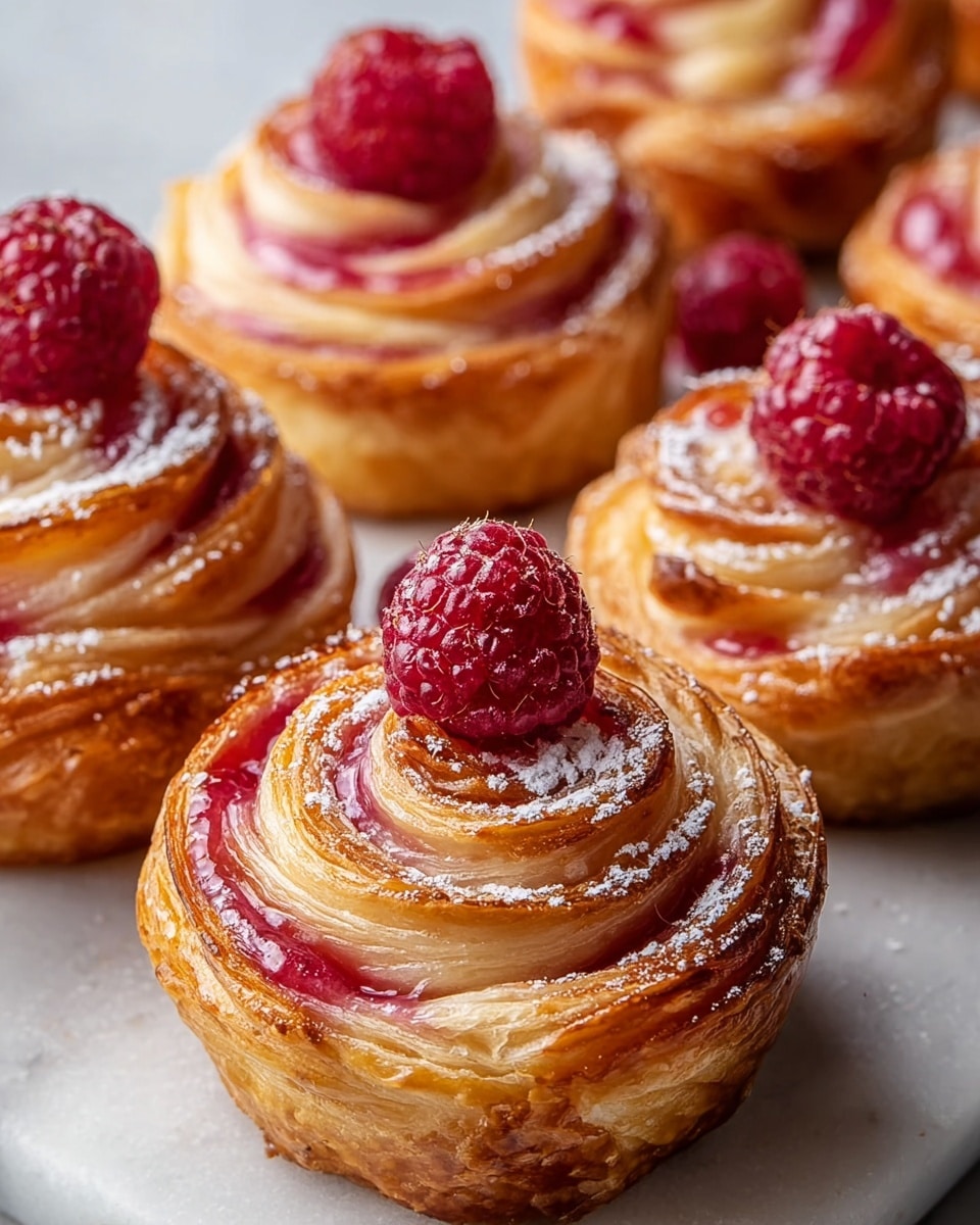 Several small pastry roses sit closely together on a white marbled surface, each with multiple golden-brown, flaky layers spiraled upward to form a delicate cup shape. Between the layers, there are thin streaks of bright pink raspberry jam that add a glossy texture and vibrant color contrast. On top of each pastry sits a whole, fresh raspberry with deep red color and a bumpy texture. A light dusting of powdered sugar gently covers parts of the pastries and raspberries, adding a soft white accent to the warm and rich tones. Photo taken with an iphone --ar 4:5 --v 7