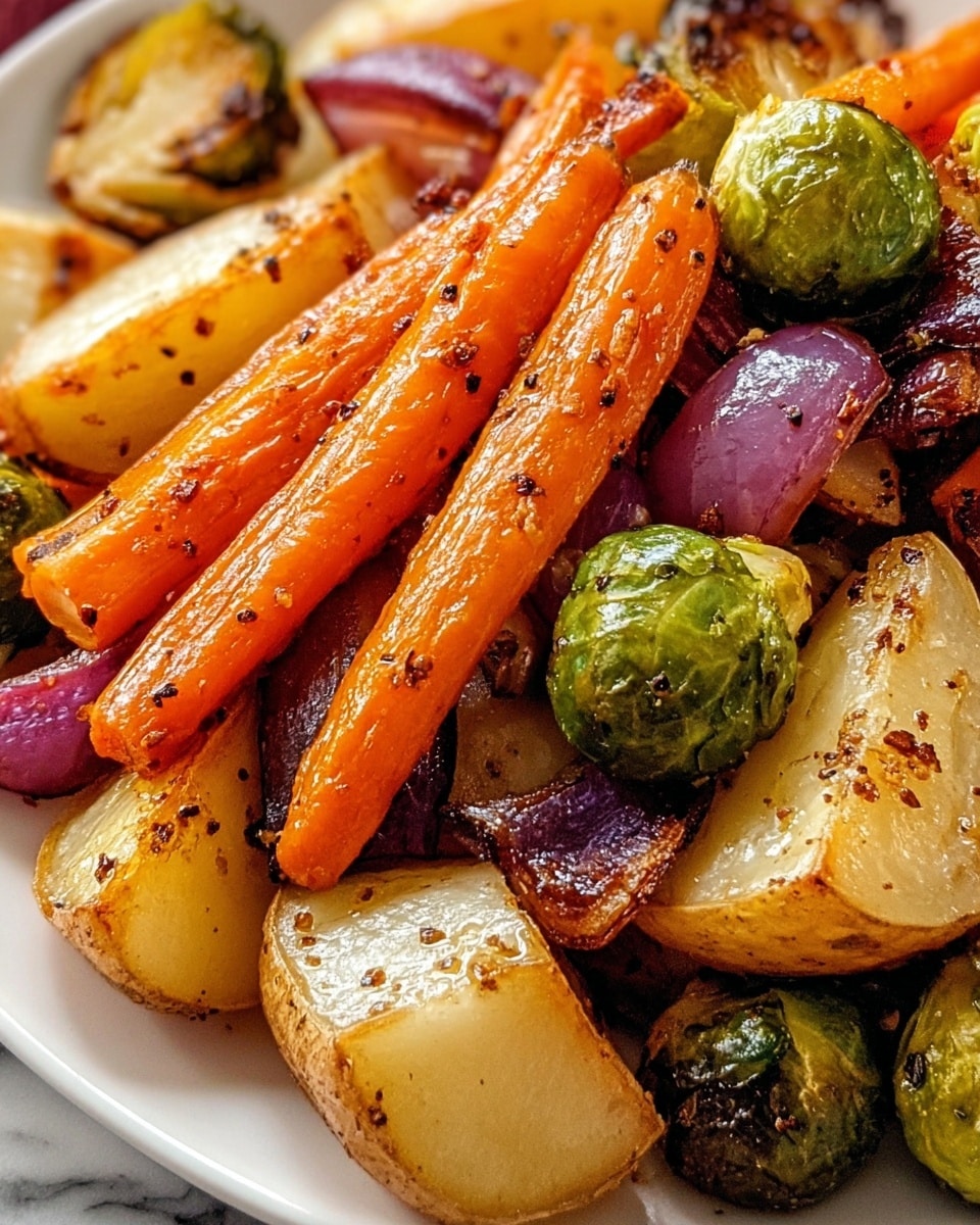 A close-up of a pile of roasted vegetables on a white plate with a white marbled surface underneath. The dish has three main layers: bright orange roasted baby carrots with a shiny, slightly oily texture on top, round green Brussels sprouts with light charring scattered throughout the middle, and thick wedges of lightly browned white potatoes with crispy edges at the bottom. Purple-red chunks of roasted red onion and small bits of charred seasoning are mixed evenly among the vegetables, giving the dish a warm and rustic look. The veggies are glistening with roasted oil and spices. photo taken with an iphone --ar 4:5 --v 7