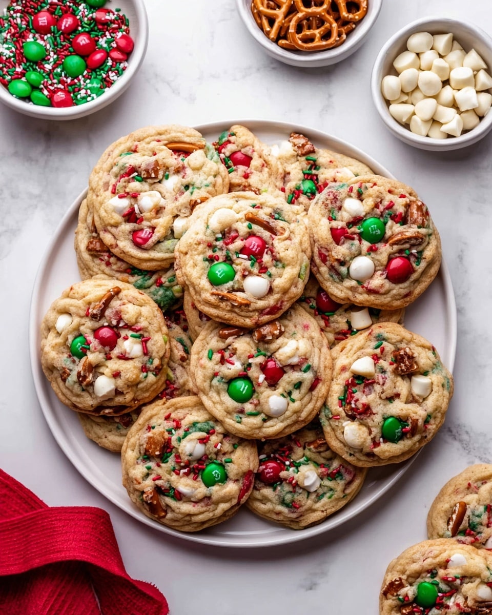 A white plate is filled with about twelve round cookies, each topped with red and green M&M candies, pieces of pretzels, red, green, and white sprinkles, and white chocolate chips. The cookies have a golden-brown color with a textured, slightly cracked surface. Around the plate, there are three small white bowls: one with pretzels, one with red and green M&M candies, and one with white chocolate chips. The plate and bowls sit on a white marbled surface, and a red ribbon lies next to the plate. photo taken with an iphone --ar 4:5 --v 7