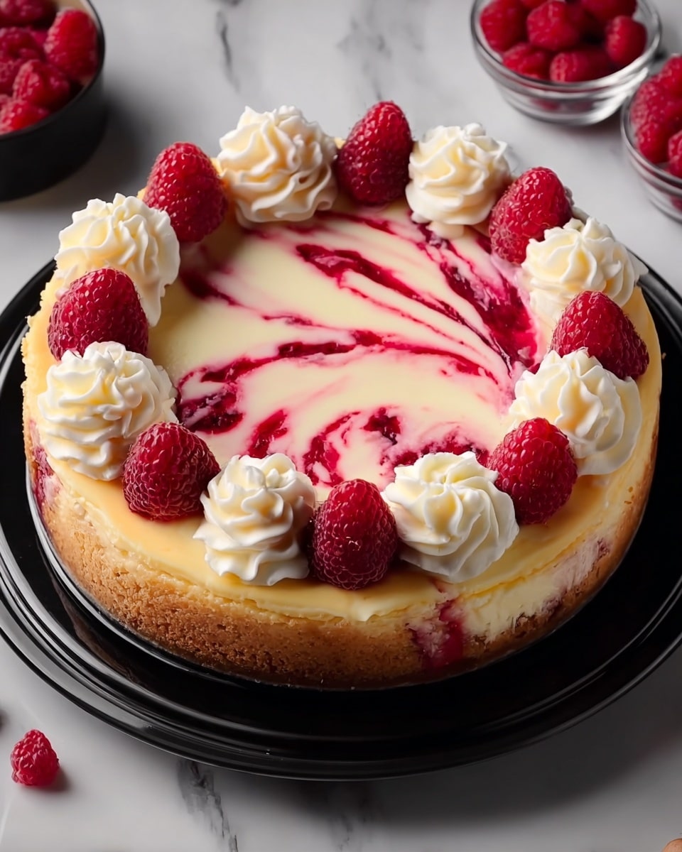 A round cheesecake with a light golden brown crust forms the base layer, topped by a thick creamy white layer with vibrant red swirls creating a marbled pattern in the center. Around the edge, fresh red raspberries alternate with dollops of whipped cream, each cream dollop having a textured, soft look. The cheesecake sits on a glossy black plate, placed on a white marbled surface. In the background, there are small containers with more fresh raspberries, slightly blurred. photo taken with an iphone --ar 4:5 --v 7