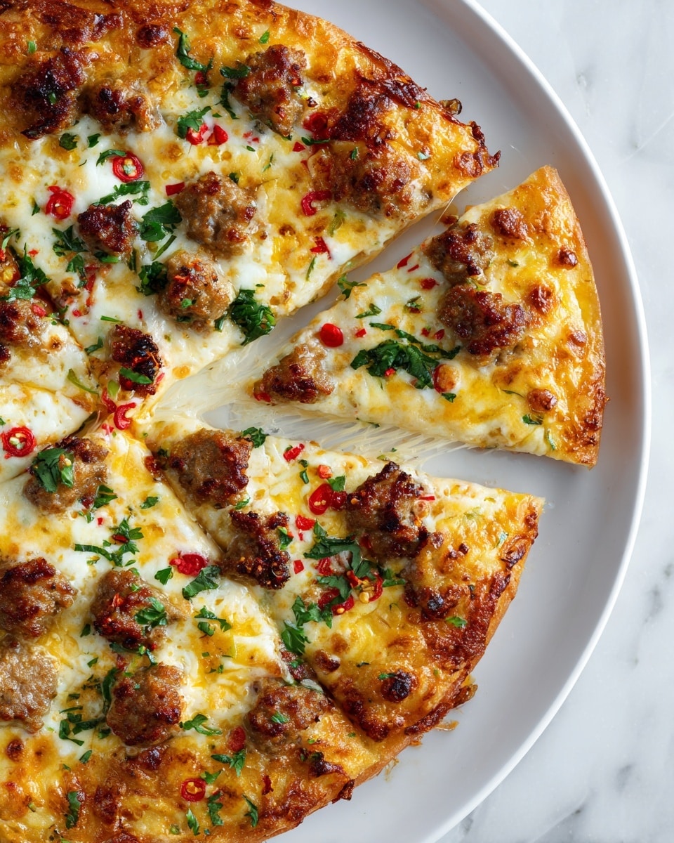 A close-up view of a pizza on a white plate, sliced into eight pieces with one slice slightly pulled away showing melted cheese stretch. The base layer is a golden, crispy crust topped with an even layer of melted white and yellow cheese. Scattered on top are browned sausage chunks and small red chili flakes. Green parsley leaves are sprinkled across the surface adding color contrast. The whole dish sits on a white marbled surface, creating a clean and bright background. photo taken with an iphone --ar 4:5 --v 7