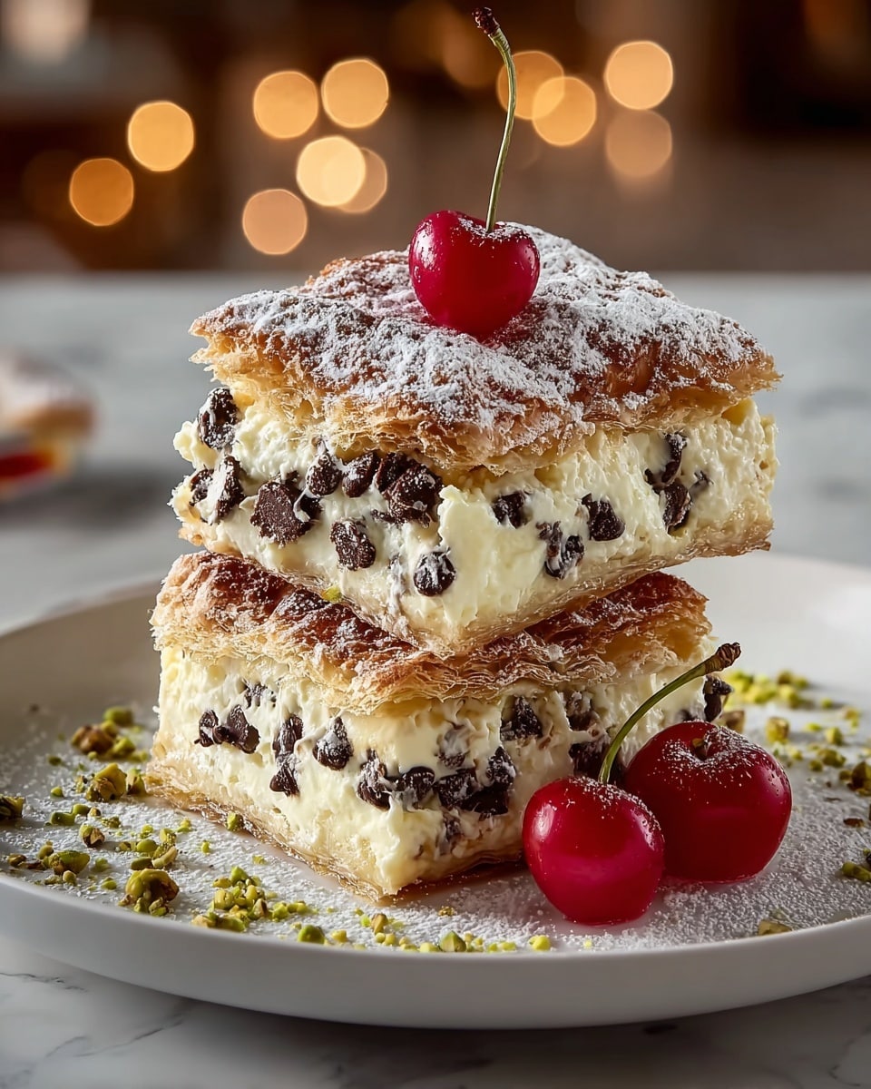 Two square pieces of cream-filled dessert are stacked on a white plate with powdered sugar sprinkled around, along with crushed pistachio bits. Each piece has three visible layers: a top and bottom layer of golden, flaky pastry with a lightly browned, crispy texture, and a thick middle layer of creamy white filling mixed with dark chocolate chips. The top pastry layer is dusted with powdered sugar, chocolate chips, and chopped pistachios. Two bright red cherries with stems sit on the plate beside the dessert. The scene is set on a white marbled surface with warm, blurred lights in the background. Photo taken with an iphone --ar 4:5 --v 7