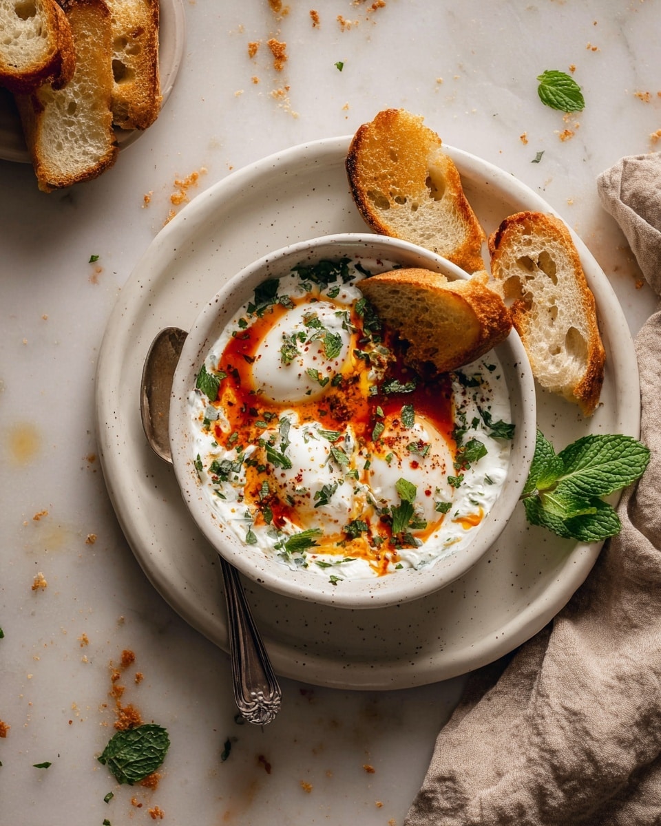 A white speckled bowl sits in the middle of a large white plate, filled with two soft white poached eggs resting on a creamy yogurt sauce sprinkled with finely chopped green herbs. Bright red-orange chili oil is drizzled in uneven streaks across the top of the eggs and yogurt, adding a fiery color contrast. To the left inside the bowl, several pieces of toasted golden-brown bread lean against the edge, showing crisp textures. A silver spoon is tucked under the bowl's edge on the left side. Fresh green mint leaves sit on the right side of the white plate next to two more pieces of toasted bread. The whole setup is placed on a soft beige cloth, all on a white marbled surface with scattered crumbs and herbs, giving a casual, cozy feel. Photo taken with an iphone --ar 4:5 --v 7
