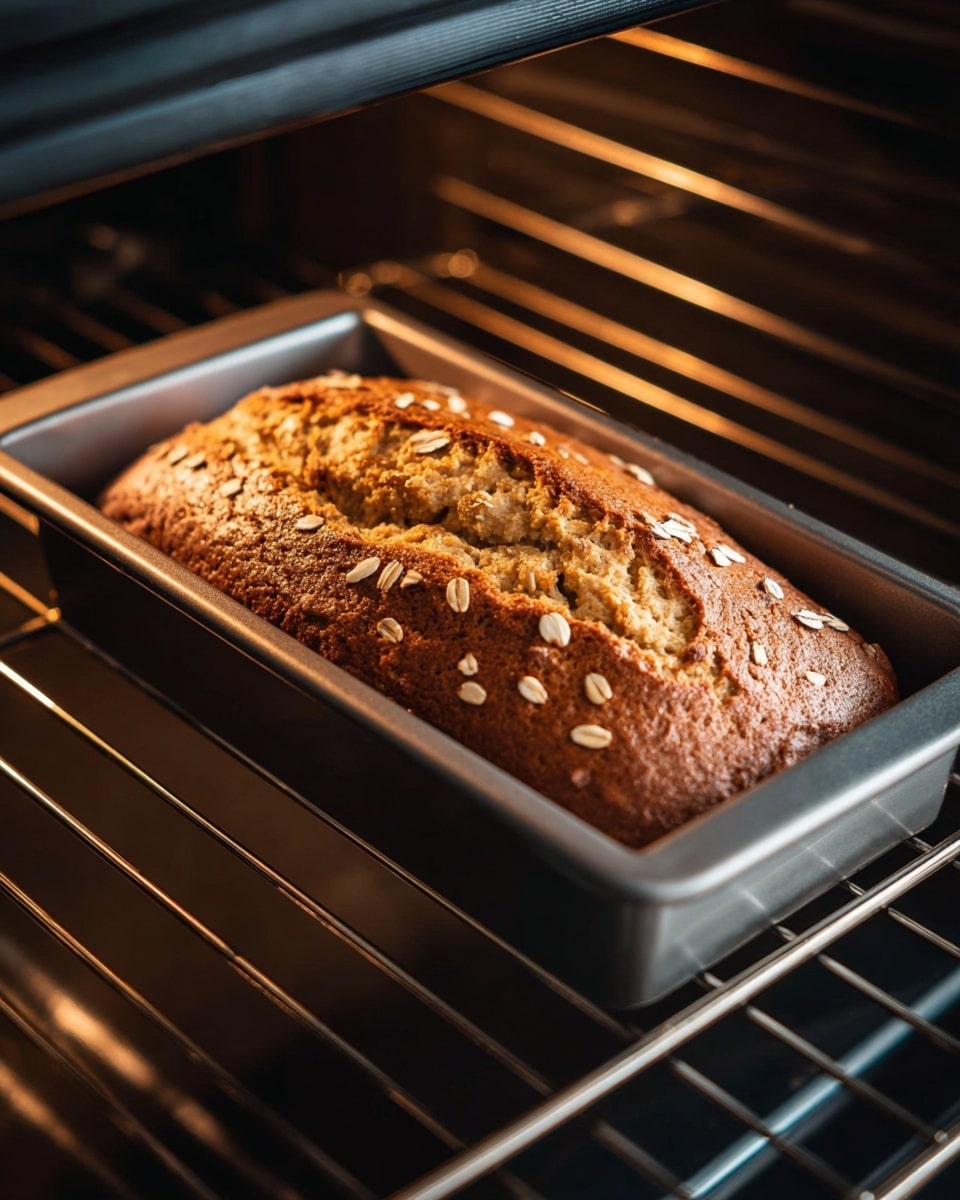 A golden-brown loaf cake sits in a rectangular metal baking pan inside an oven, with a crack running along the top center. The cake surface is textured with small pieces of oats or nuts sprinkled on top. The cake edges are slightly darker, showing it is well baked. The oven light softly illuminates the cake, highlighting its warm and fresh look, with the oven racks visible around it. photo taken with an iphone --ar 4:5 --v 7