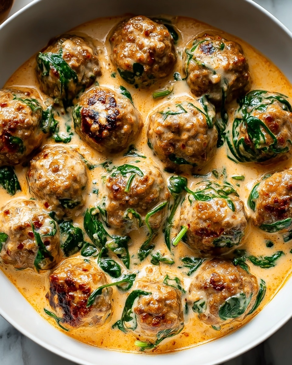 A close-up view of a white bowl filled with about fifteen golden-brown meatballs covered in a creamy, light orange sauce with visible green spinach leaves mixed in. The meatballs are evenly spaced, partially submerged in the thick sauce with a smooth texture and small oil patches. The dish sits on a white marbled texture surface, and the meatballs have a slightly crispy, browned surface under the creamy sauce. photo taken with an iphone --ar 4:5 --v 7
