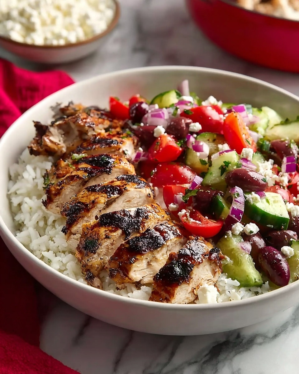 A white bowl filled with three main layers: at the bottom, a bed of fluffy white rice with a soft, grainy texture; on the left side, several slices of grilled chicken breast, showing dark char marks and a juicy, slightly glossy surface; on the right side, a colorful Greek salad made of bright red diced tomatoes, light green sliced cucumbers, dark purple olives, small chunks of white feta cheese, and finely chopped purple onions, all mixed with a sprinkle of green herbs. The bowl sits on a white marbled surface, with a blurred red cloth and a red bowl of white cheese in the background. Photo taken with an iphone --ar 4:5 --v 7