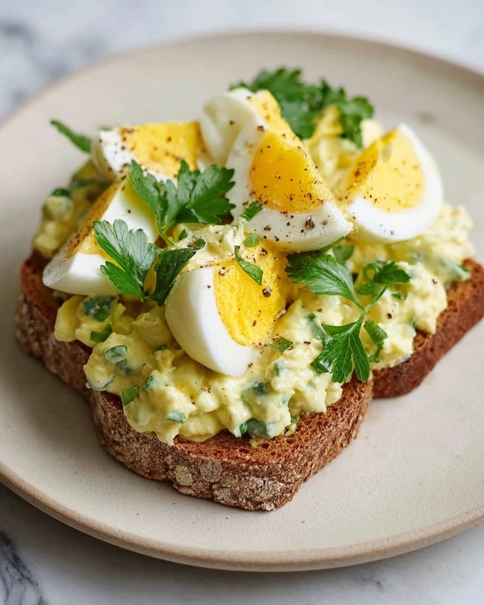 The image shows a slice of brown bread topped with a thick layer of creamy, yellow egg salad mixed with small green herb pieces. On top of the egg salad, there are quartered hard-boiled eggs with bright yellow yolks and white edges, sprinkled with black pepper and fresh green parsley leaves. The toast is placed on a plain white plate sitting on a white marbled surface. photo taken with an iphone --ar 4:5 --v 7