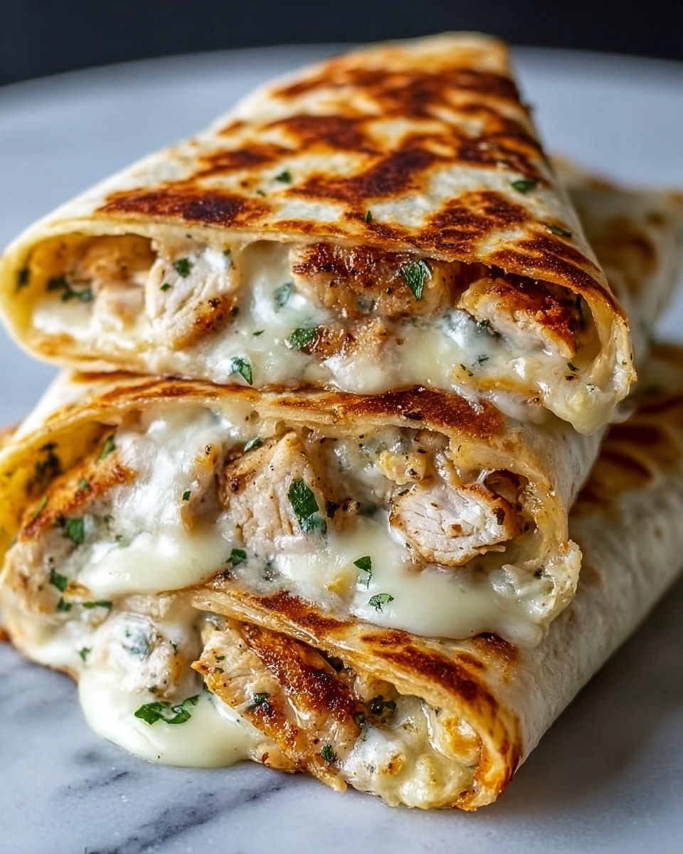 The image shows two folded tortillas stacked on a white marbled surface, filled with layers of melted white cheese, browned grilled chicken pieces, and small green herb bits. The tortillas are golden brown with crisp spots, the cheese is creamy and gooey, stretching slightly between the layers, while the chicken has a juicy, textured look with a browned, slightly crispy surface. The herbs are scattered inside, adding specks of green for contrast. photo taken with an iphone --ar 4:5 --v 7
