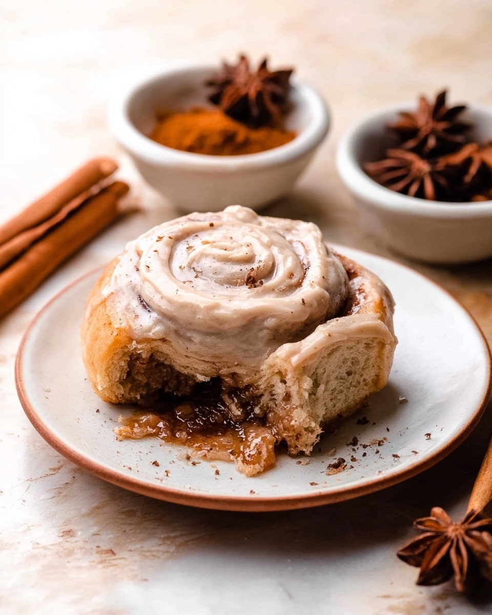 A single cinnamon roll sits on a white plate with a soft swirl of light brown frosting on top, sprinkled with tiny darker cinnamon specks. The roll’s textured dough is golden brown and soft, partially eaten to reveal sticky, dark cinnamon filling oozing out onto the plate beneath. Behind the plate, two white bowls hold whole spices like cinnamon sticks and star anise, set against a white marbled surface. Photo taken with an iphone --ar 4:5 --v 7