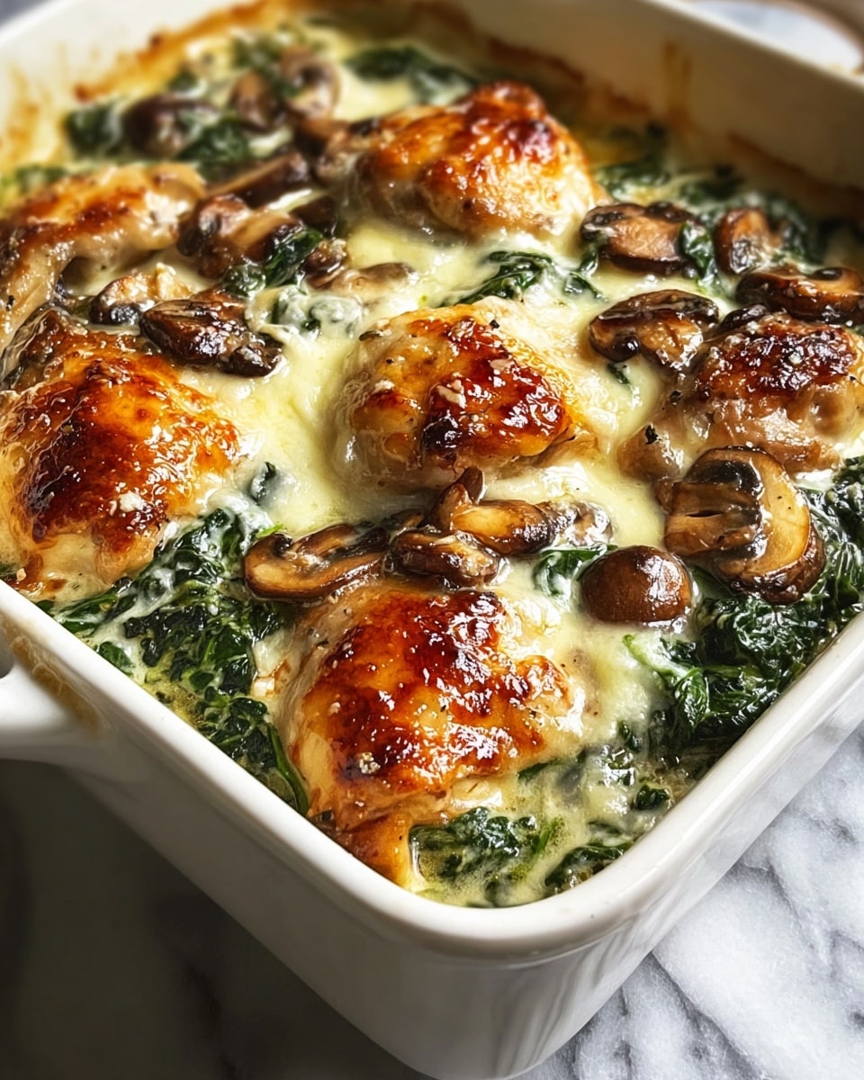 A white baking dish filled with a creamy spinach layer at the bottom, rich and green with a soft texture, topped with tender, golden-brown chicken thighs that have a slightly crispy, shiny surface, scattered with cooked brown mushroom slices that add an earthy tone and varied texture, all covered in a smooth, melted cheese sauce that ties the layers together with a glossy, inviting look; the edges of the dish show some browned cheese spillover against a white marbled texture background. photo taken with an iphone --ar 4:5 --v 7