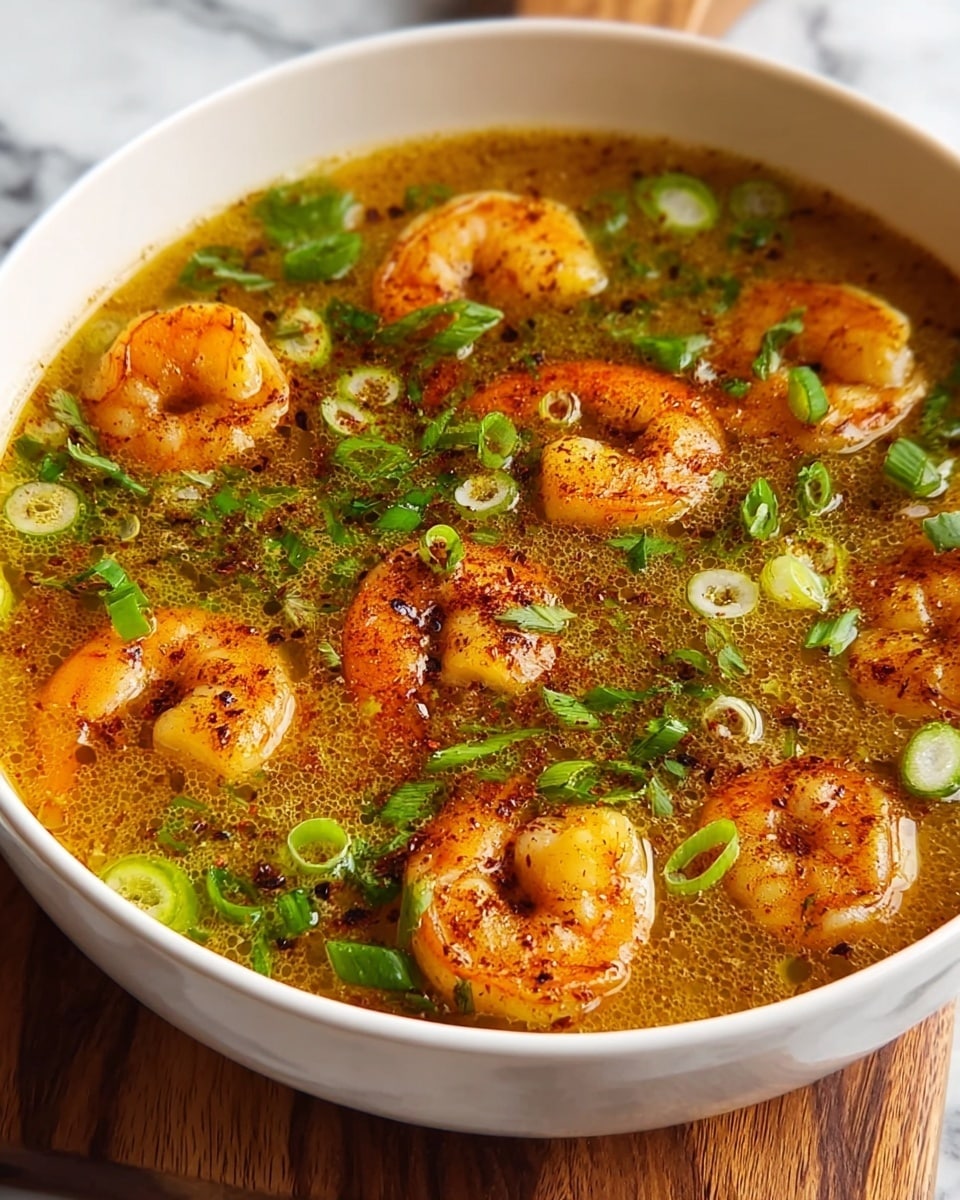 A white bowl filled with clear golden broth, topped with multiple pieces of cooked shrimp that are orange with a slight char. Scattered generously across the surface are thin slices of green onions and light green herb sprigs, creating a fresh contrast. The soup also has a dusting of reddish-brown spices sprinkled over the shrimp and broth, adding texture and depth. The bowl sits on a wooden board against a white marbled background. Photo taken with an iphone --ar 4:5 --v 7