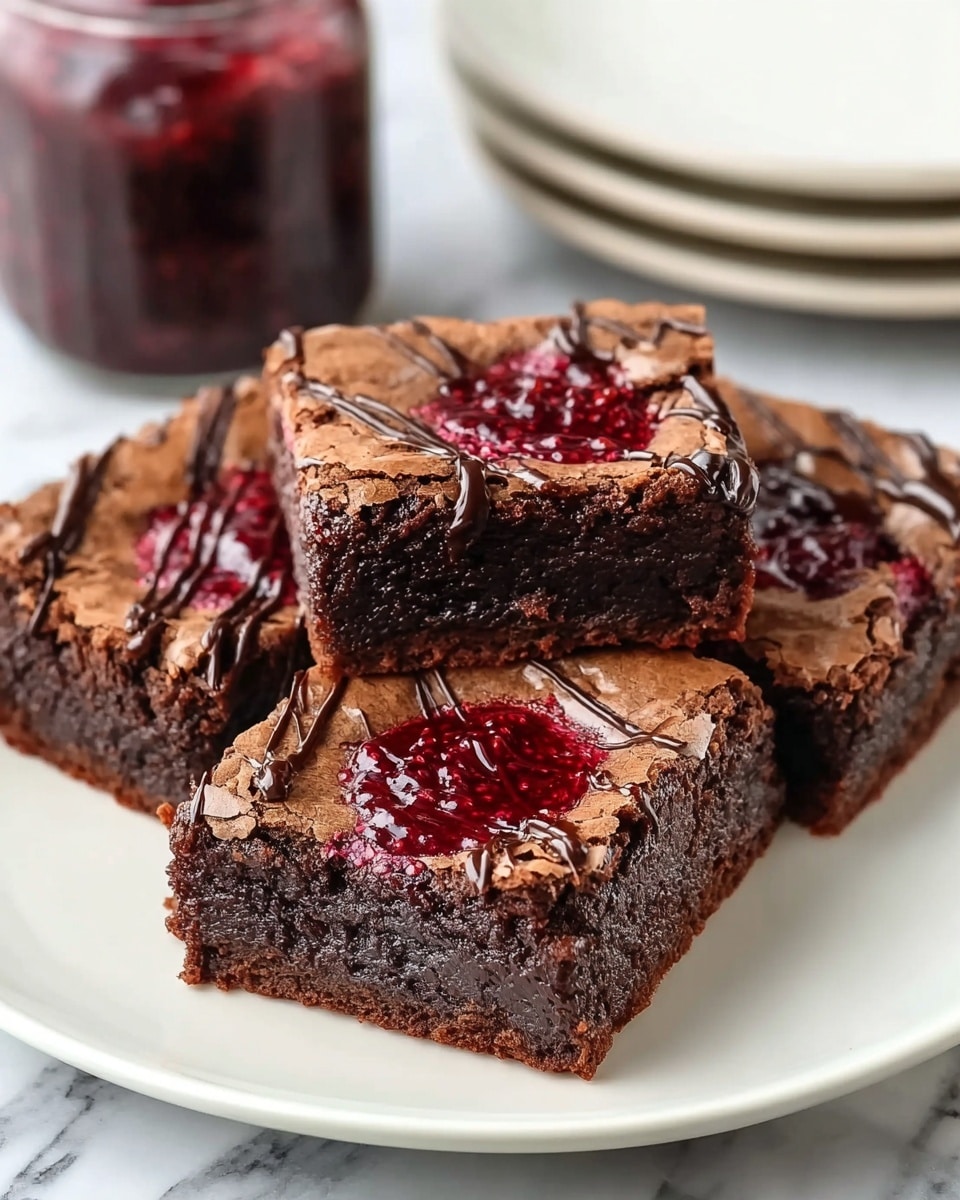 Three square chocolate brownies sit on a white plate on a white marbled surface. Each brownie has a cracked, slightly crispy top layer with a dark, rich chocolate color. On the top of each brownie, there is a swirl of shiny red raspberry jam in the center, creating a colorful contrast against the dark chocolate. Thin streaks of chocolate drizzle decorate the surface of the brownies, adding texture and extra richness. In the background, there is a jar filled with dark red jam and a stack of white plates. Photo taken with an iphone --ar 4:5 --v 7